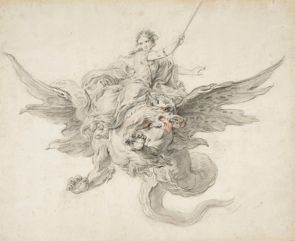 Armida rides a dragon in this vibrant Rococo painting by Charles-Antoine Coypel.