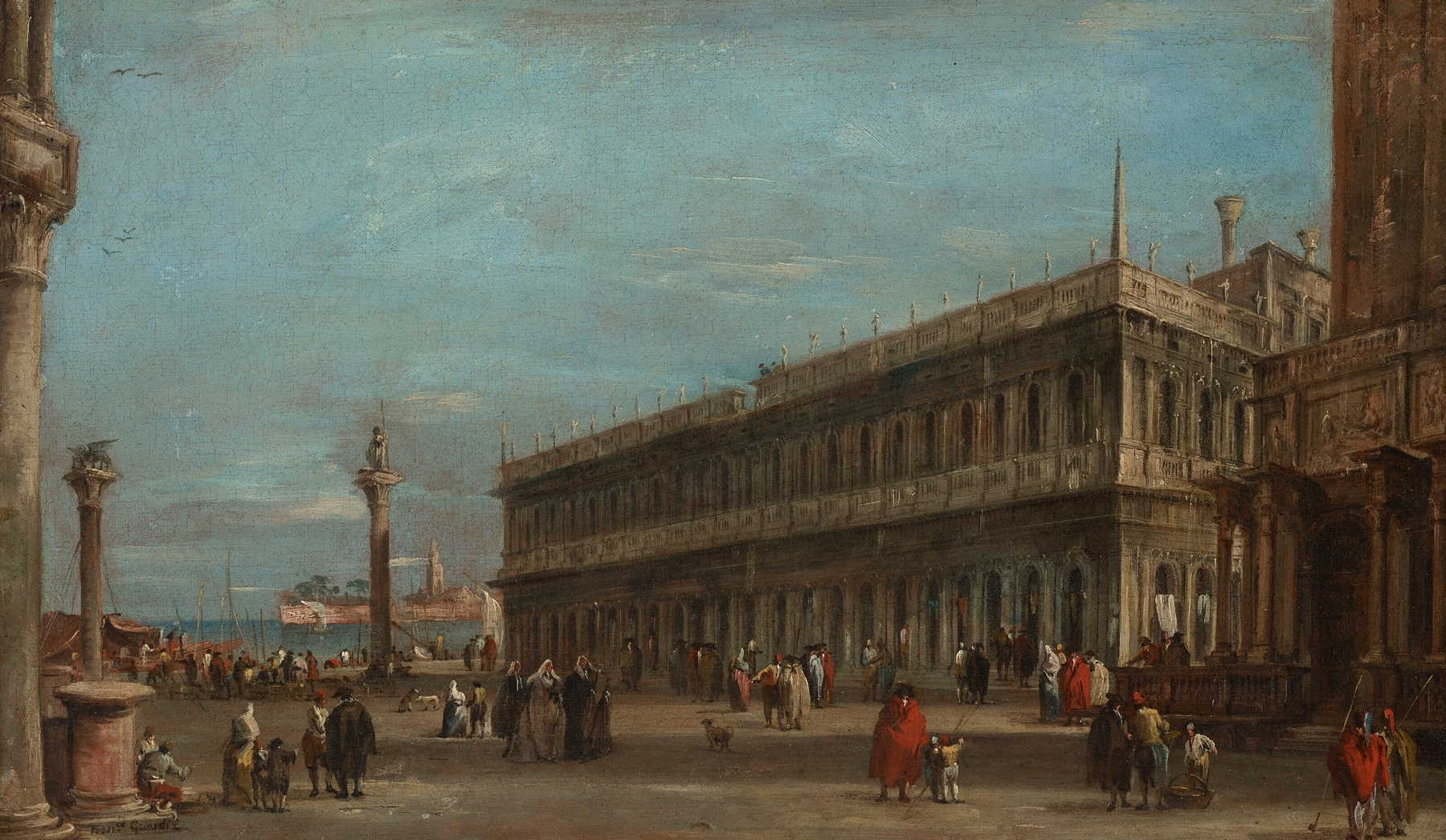 Venice, a view of the Piazzetta toward the Libreria, with the eastern tip of the Giudecca beyond, by Francesco Guardi, public domain