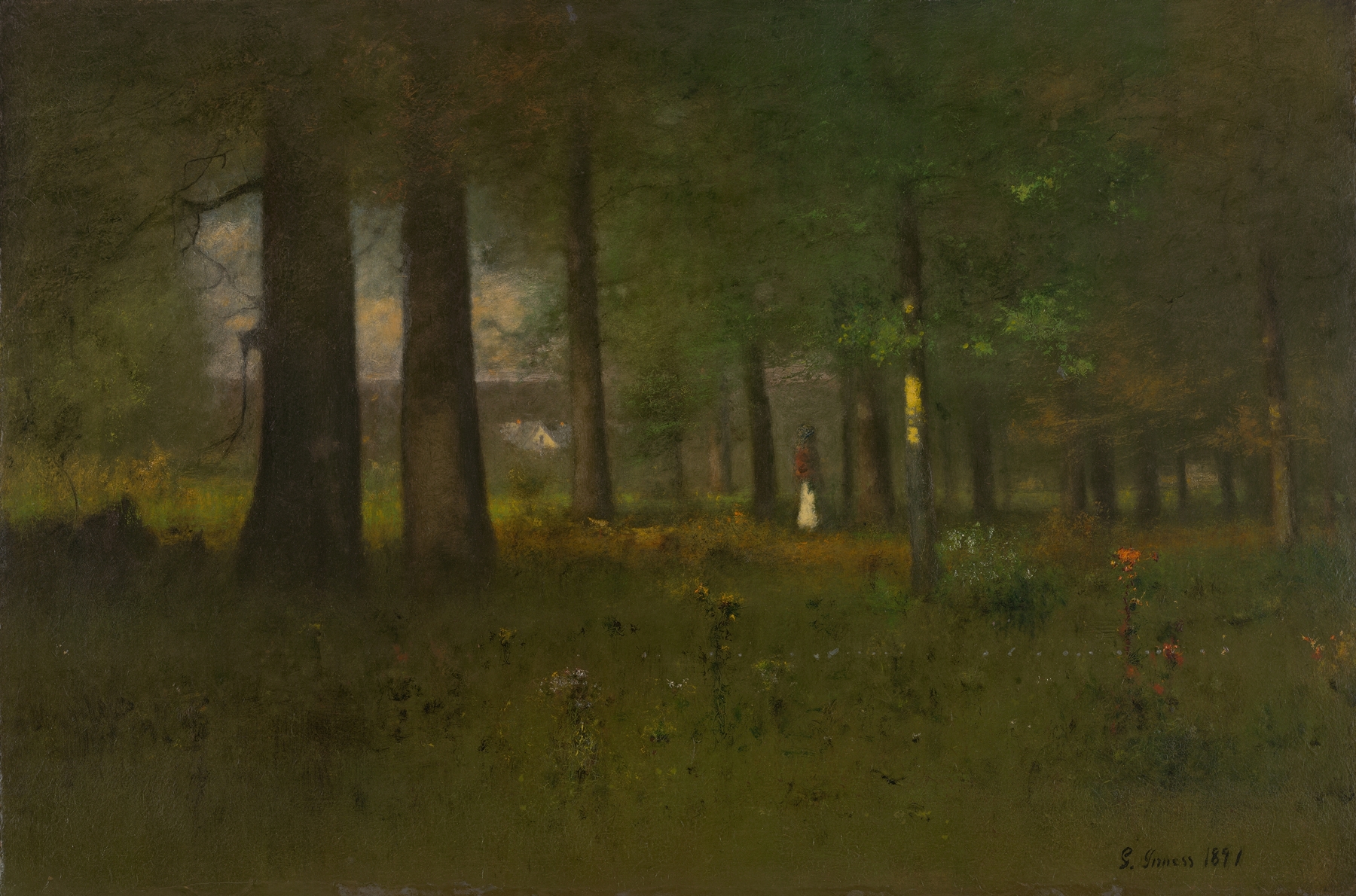 The Edge of the Forest by George Inness, oil painting depicting lush foliage and interplay of light and shadow.