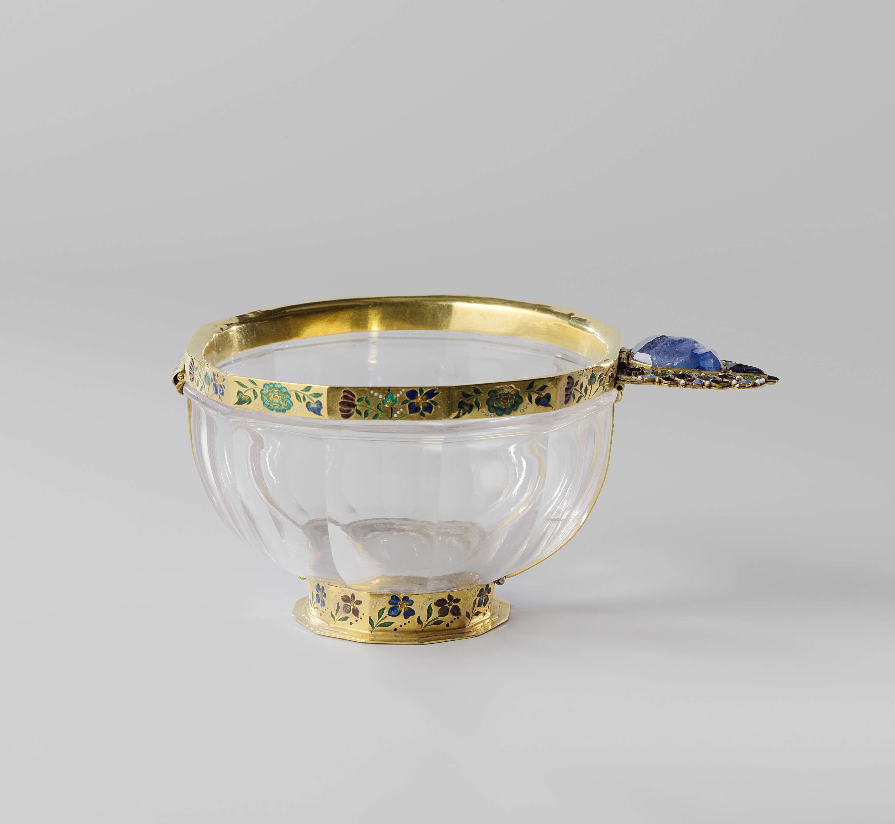 Decorative metal cup with floral and bird motifs, unknown artist