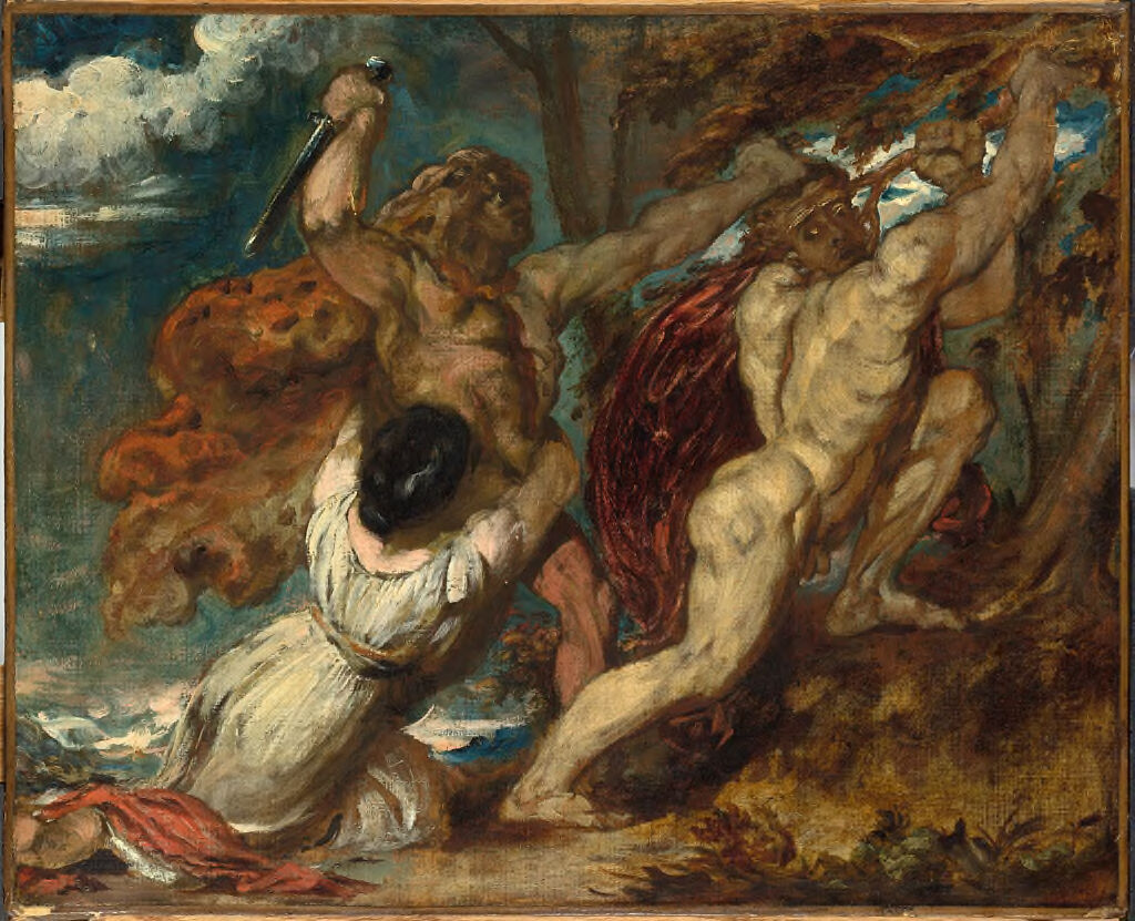 Study for 'The Combat' by William Etty, oil on canvas featuring figures in struggle.