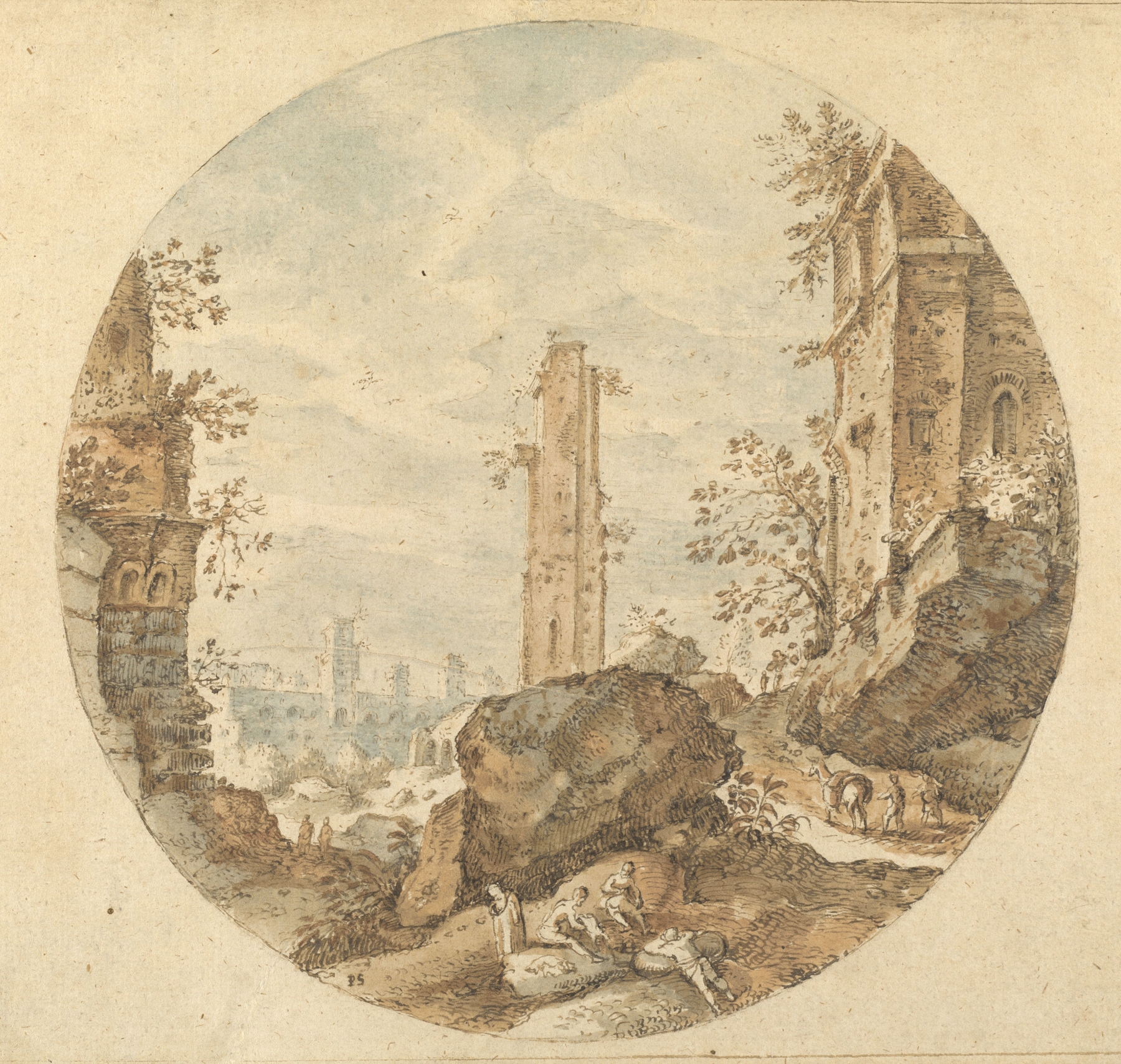 Travellers among Roman Ruins, oil on canvas by Pieter Stevens, featuring figures among ancient columns.