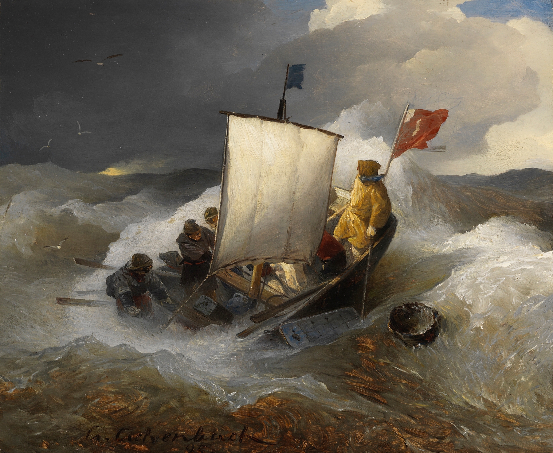 Fischerboot auf stürmischer See, by Andreas Achenbach, public domain