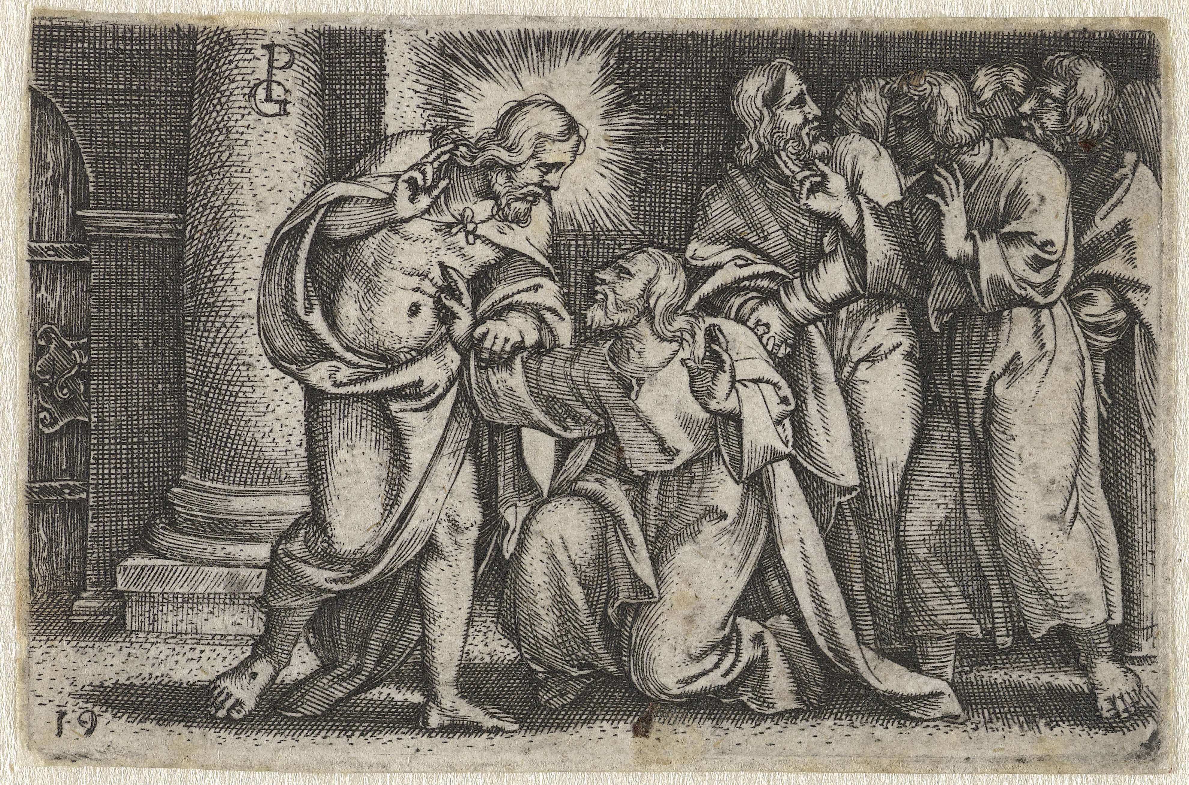 Engraving by Georg Pencz depicting Thomas touching Christ's wound with divine light