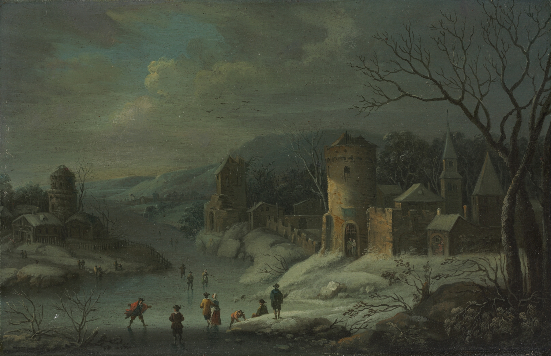 Winter landscape with a river, snow, and trees by Jan Griffier, oil painting