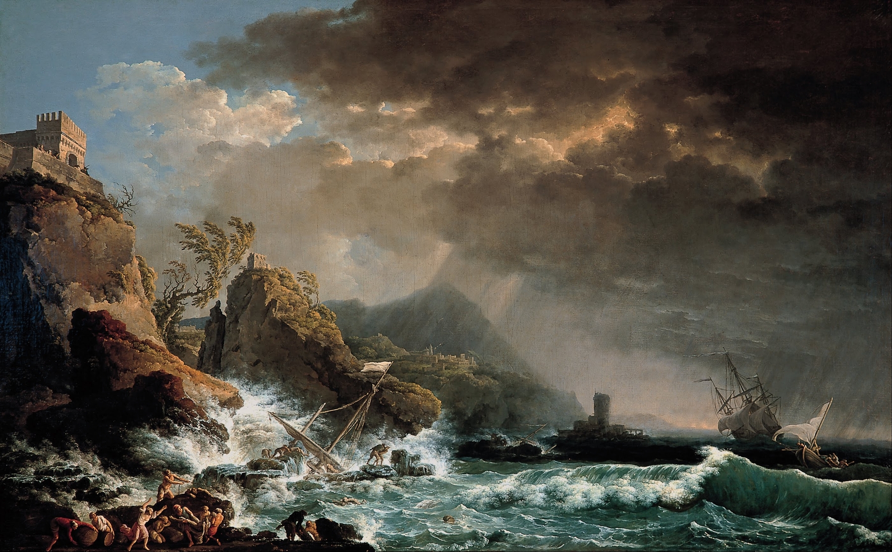 Shipwreck in a Rocky Inlet by Carlo Bonavia, oil painting depicting a shipwreck among rocky waves.