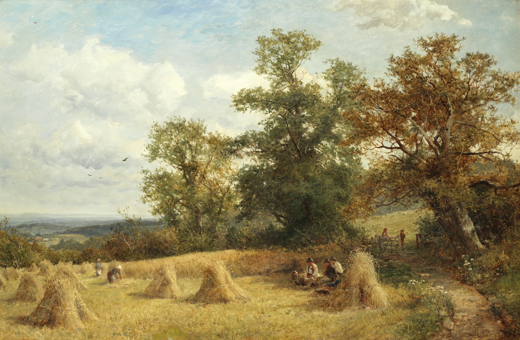 A cornfield at West Malvern, oil painting by David Bates, depicting golden barley fields.