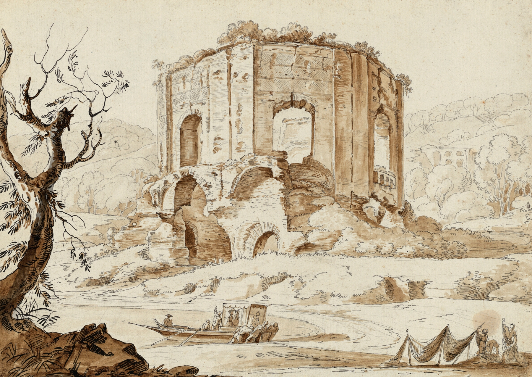 Marine scene by Carlo Labruzzi, unknown medium, featuring fishermen and tourists at Baiae