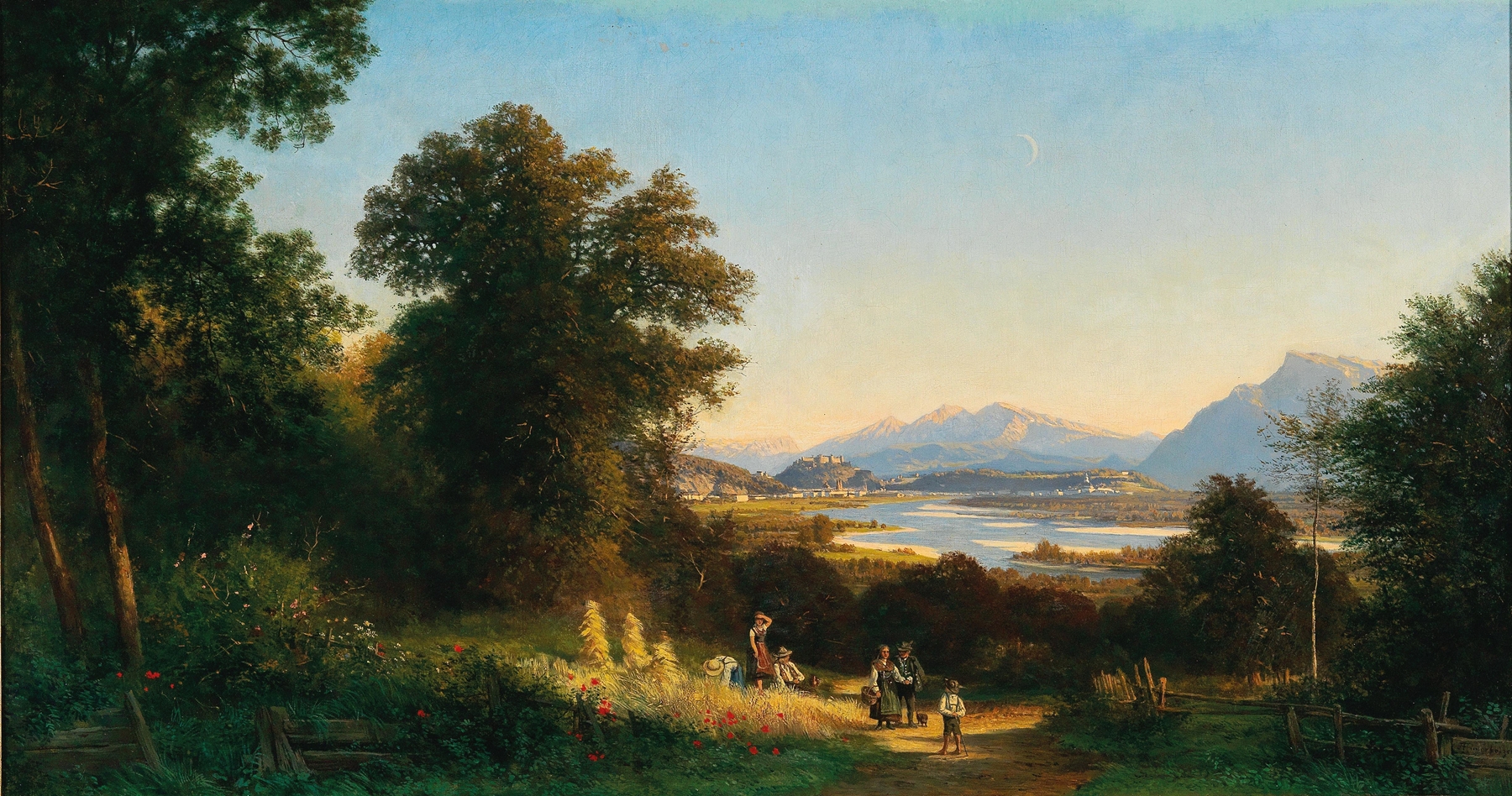 Landscape oil painting by Franz Hinterholzer depicting Salzburg with mountains and a river.