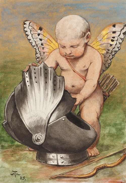 A cherub wearing a helmet, surrounded by soft colors and dreamlike elements.