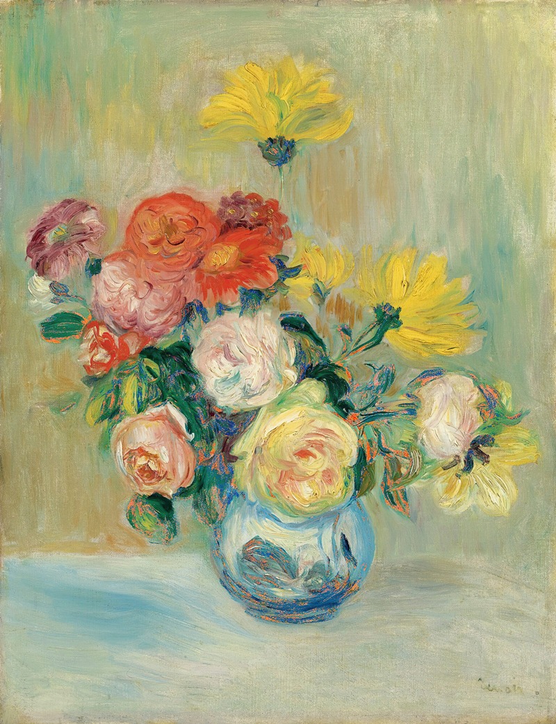 A vibrant still life painting featuring roses and dahlias.