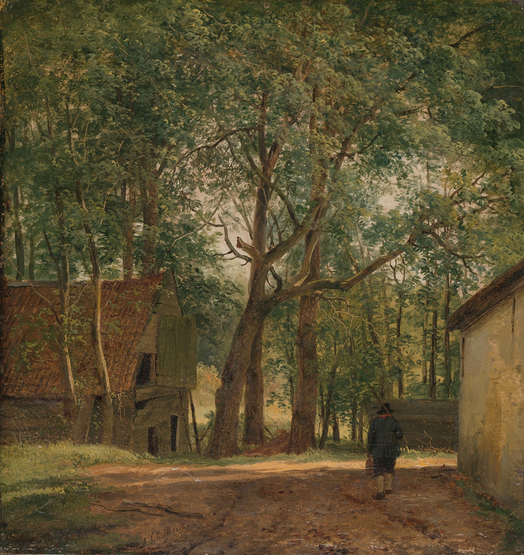Farmyard scene with animals and a wooden fence, oil painting by Andreas Schelfhout