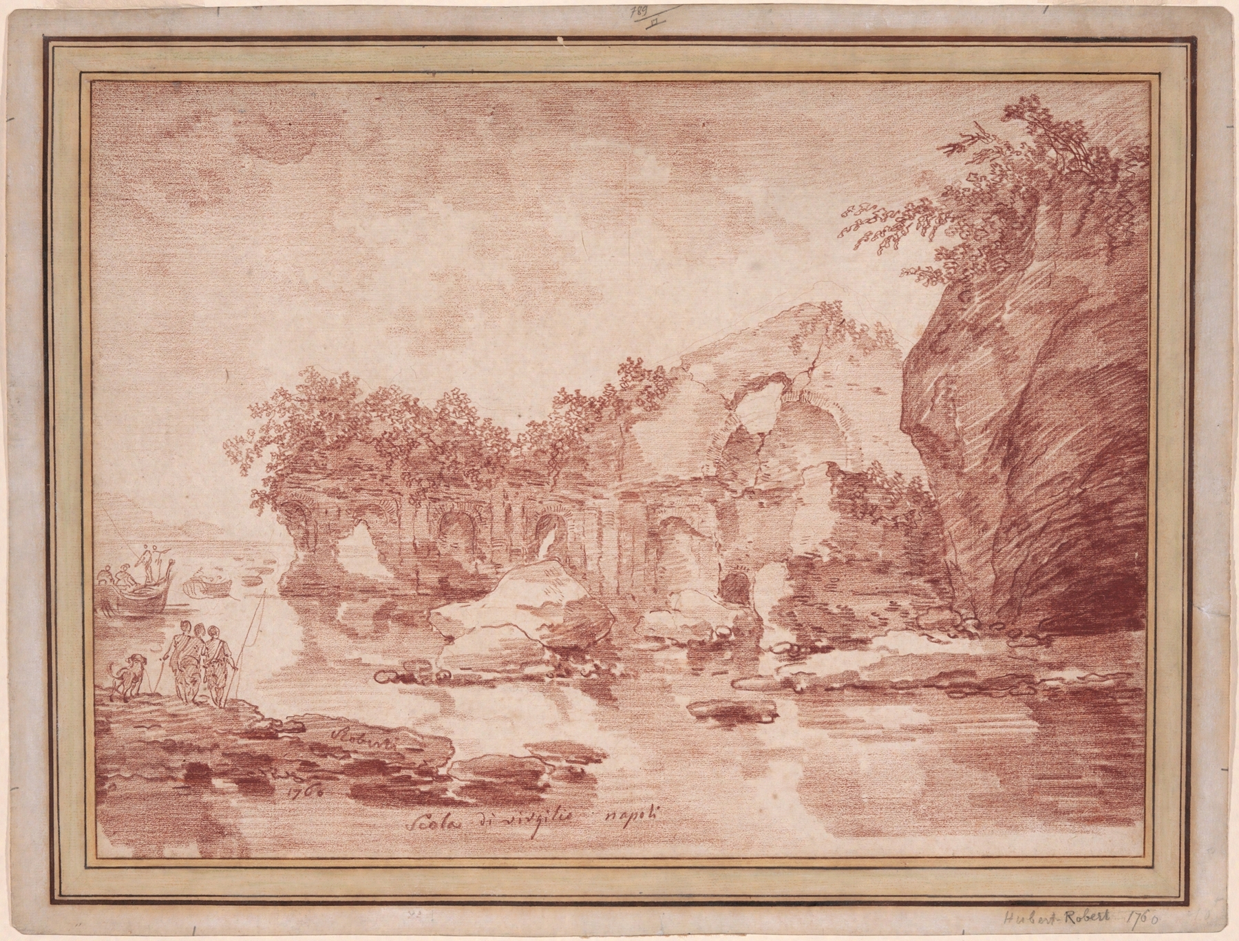 Rococo oil painting by Hubert Robert depicting ruins by the sea near Naples.