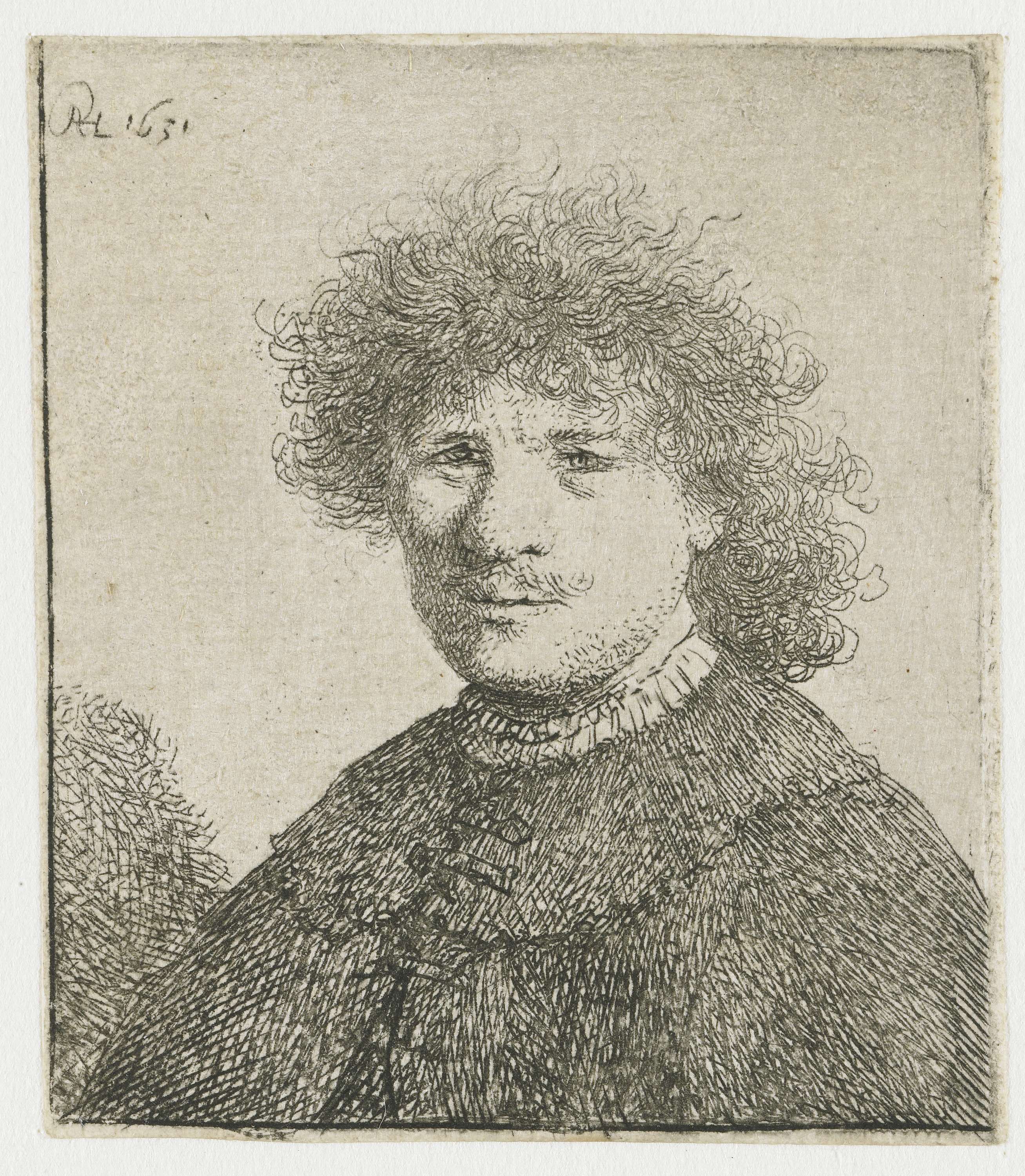 Self-portrait in a cloak with a falling collar, etching by Rembrandt van Rijn