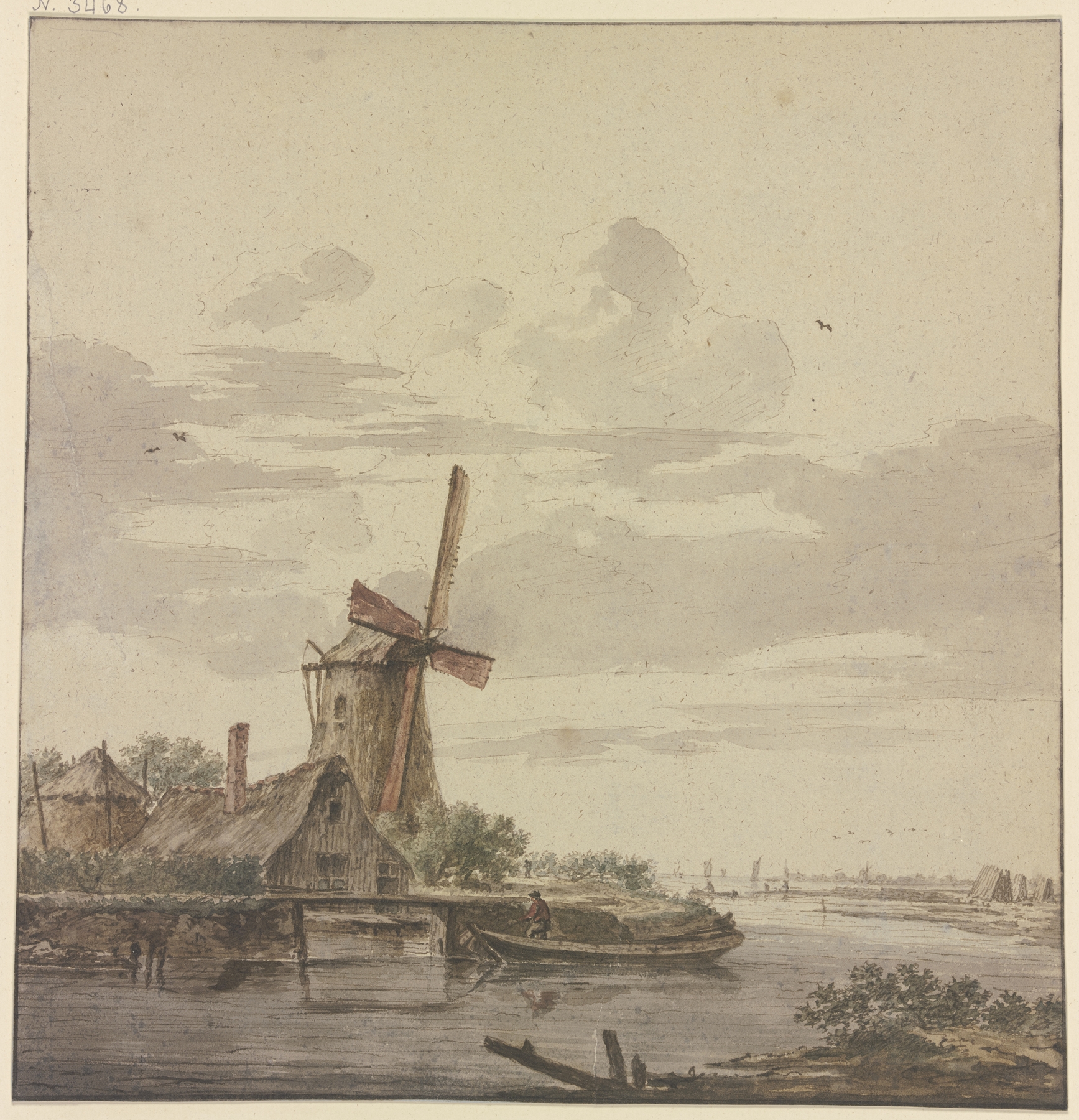 Landscape with a river and windmill by Hendrik Kobell, unknown medium