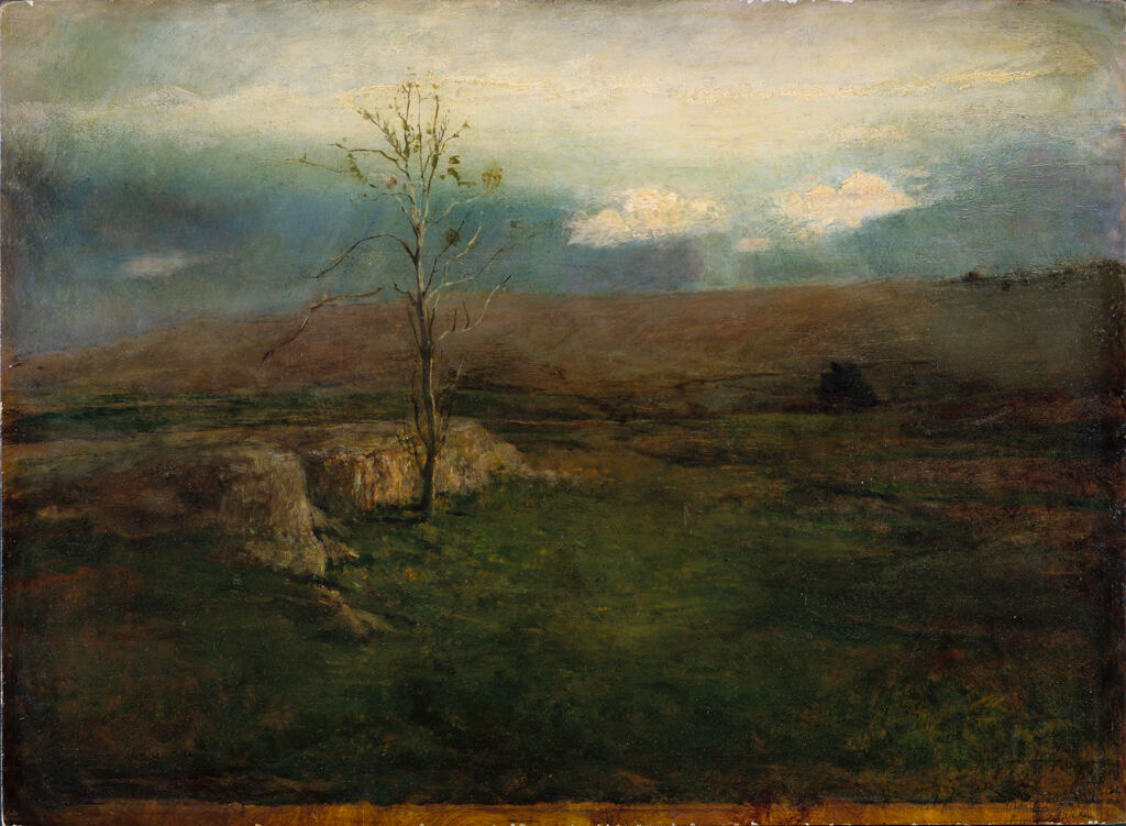 Landscape of early spring with clouds and soft greens by John La Farge, wood medium