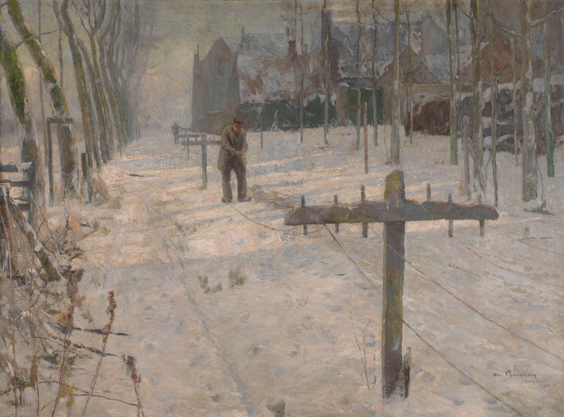 Snow Morning in Flanders. Rope-Makers on the Ramparts by Albert Baertsoen, oil painting of a winter landscape.