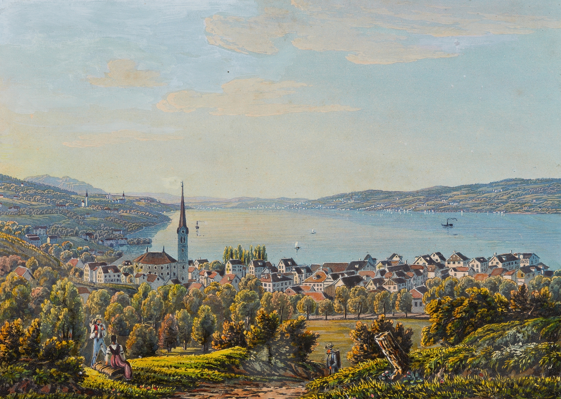 Vue de Horgen lac de Zurich by David Alois Schmid, landscape with lake and reflections, medium unknown.