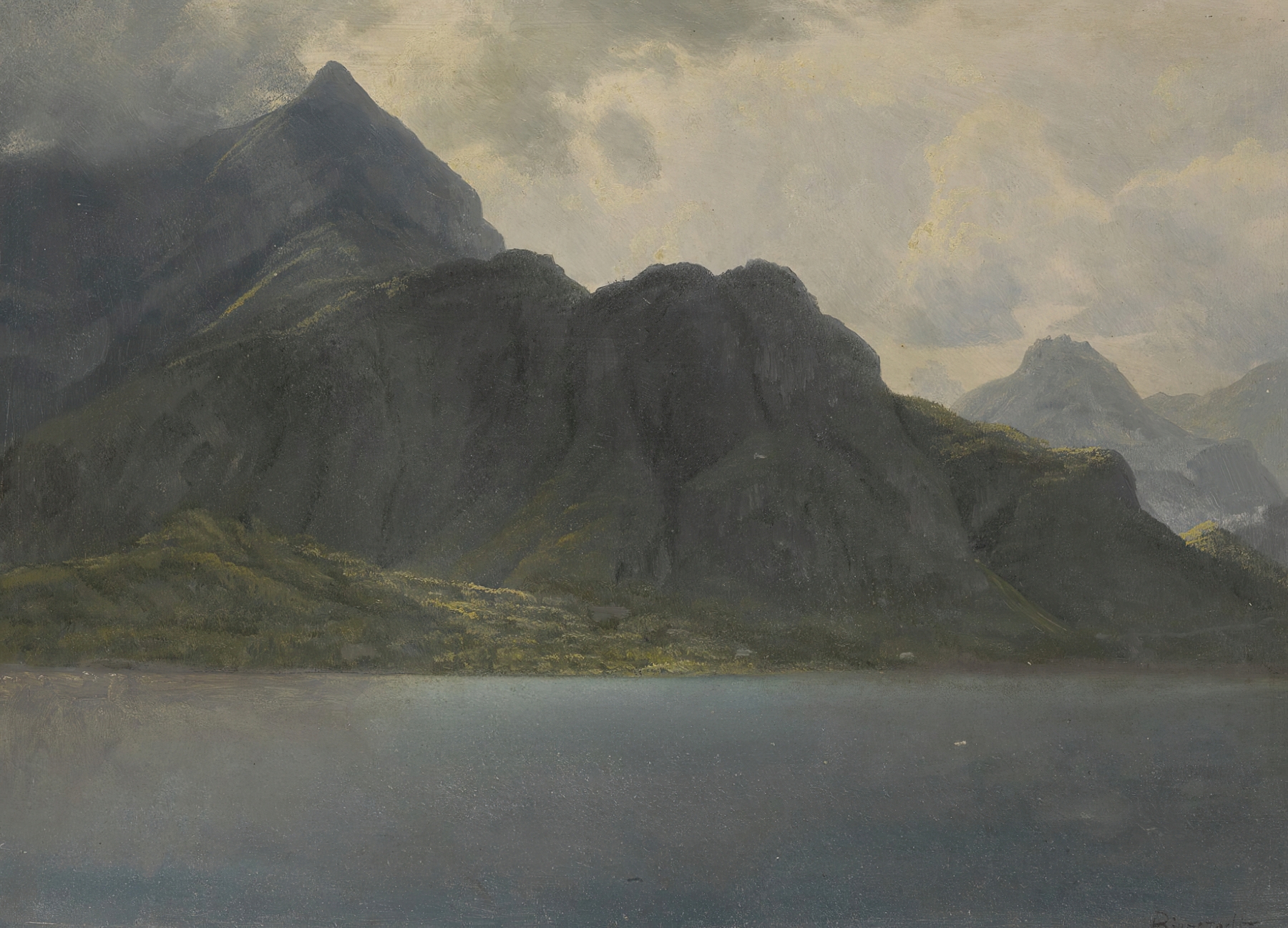 Oil painting by Albert Bierstadt depicting a serene snowy mountain landscape.