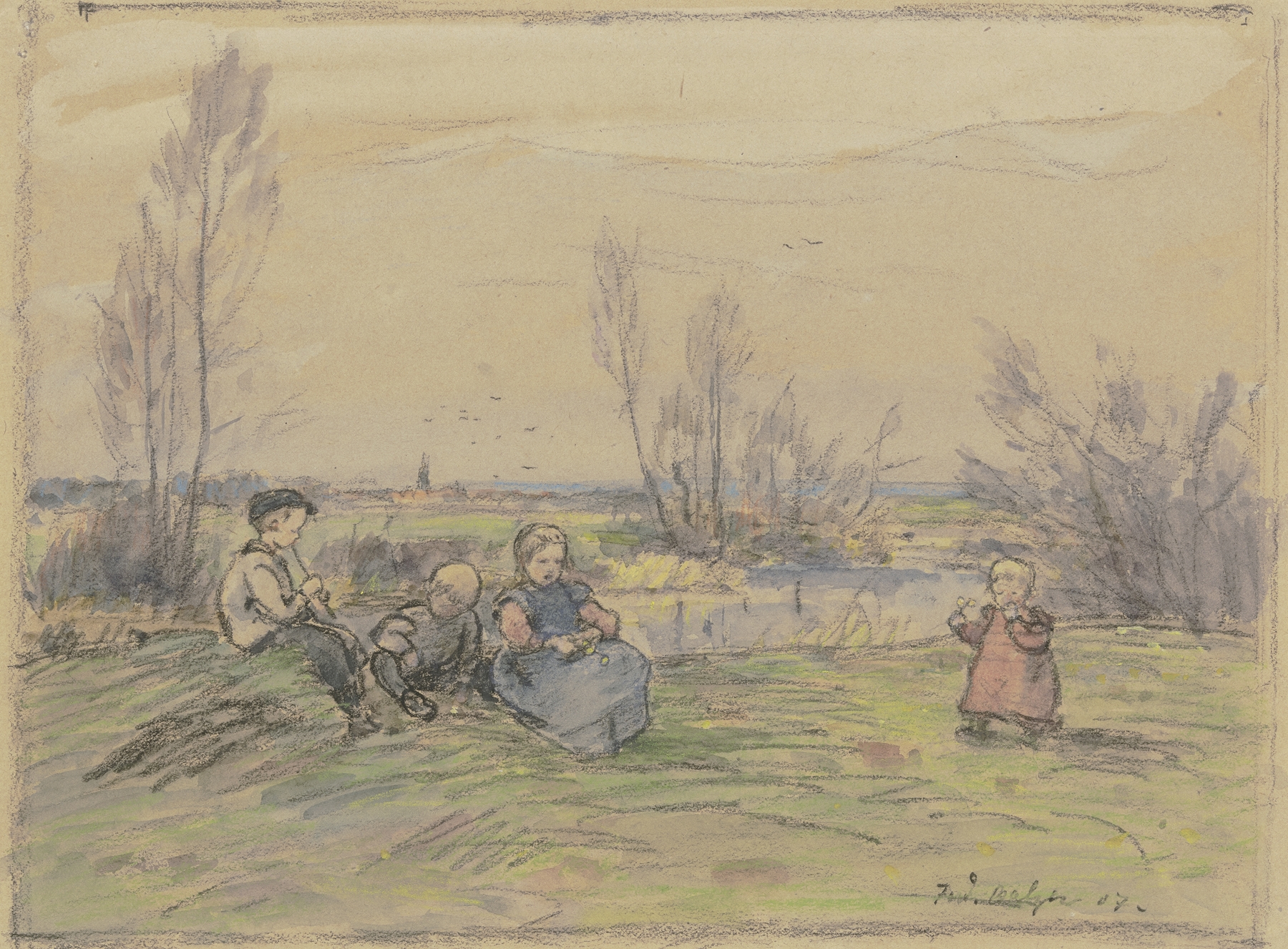 Children at the stream, Impressionism by Ferdinand Balzer, depicting two children playing by the water.