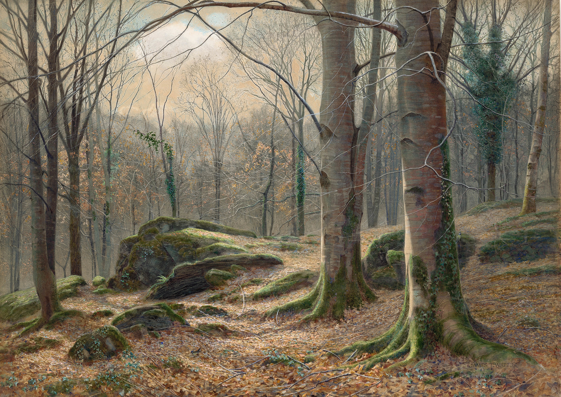 A Winter Morning, Hoar Frost Melting by James Thomas Watts, oil on canvas depicting a winter landscape.