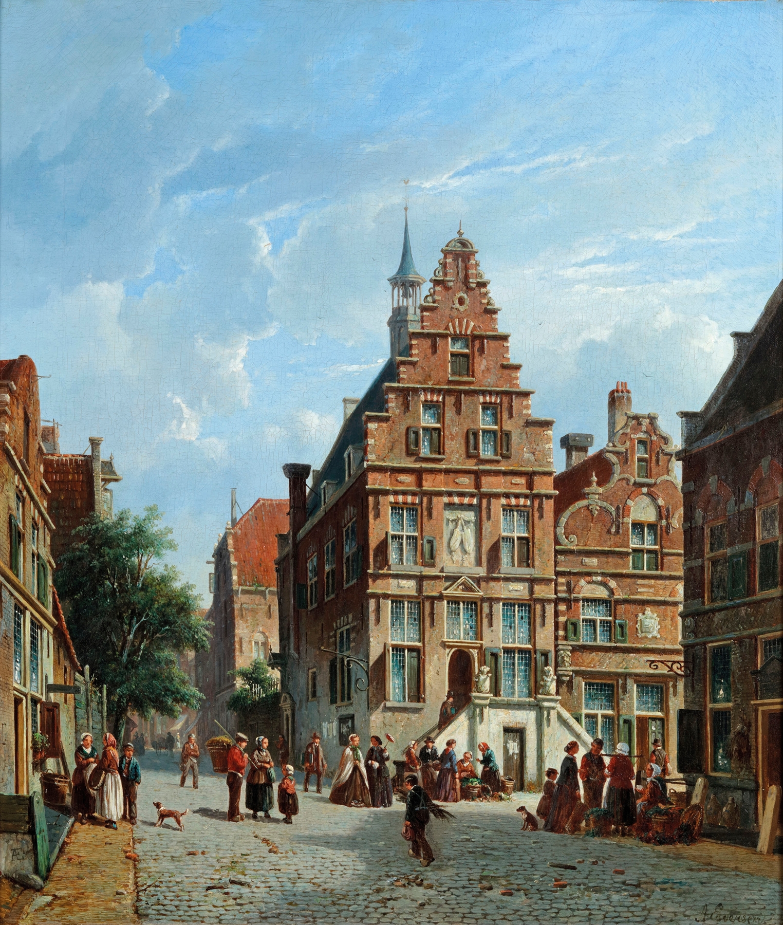 A View Of The City Hall, Oudewater by Adrianus Eversen, oil painting depicting historical architecture.