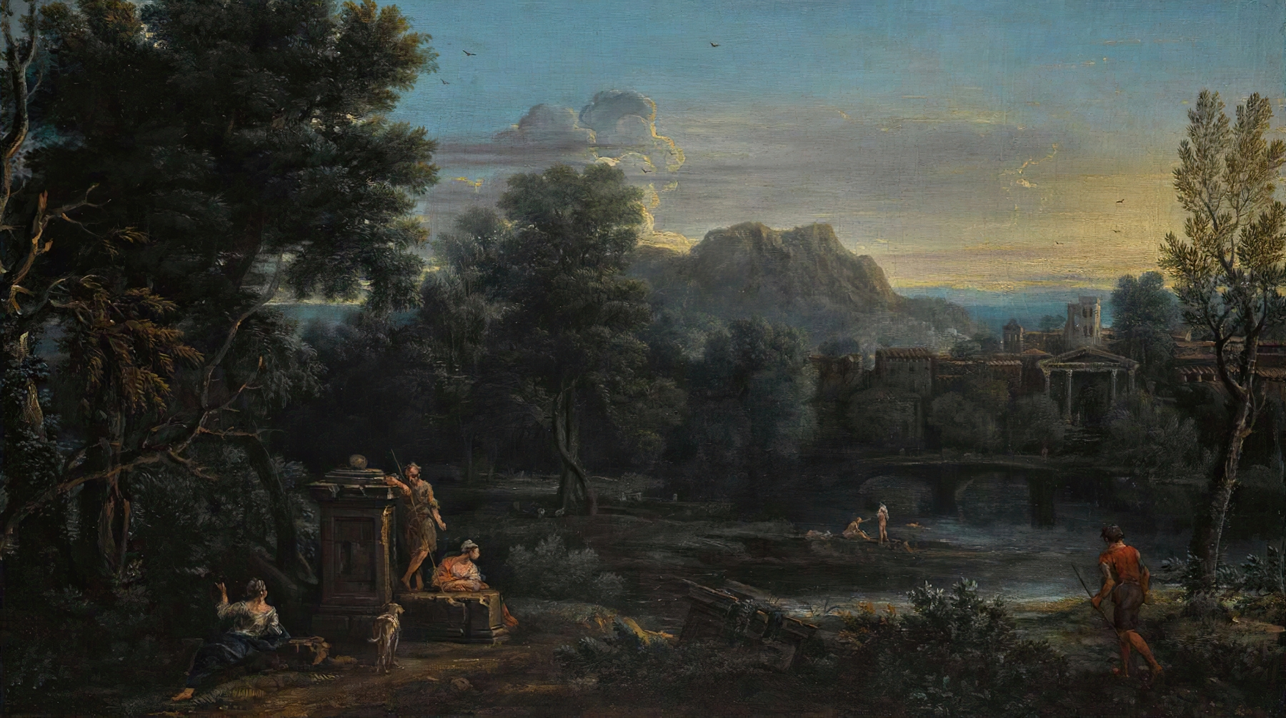 Wooded classical landscape with figures bathing in the river, by John Wootton.
