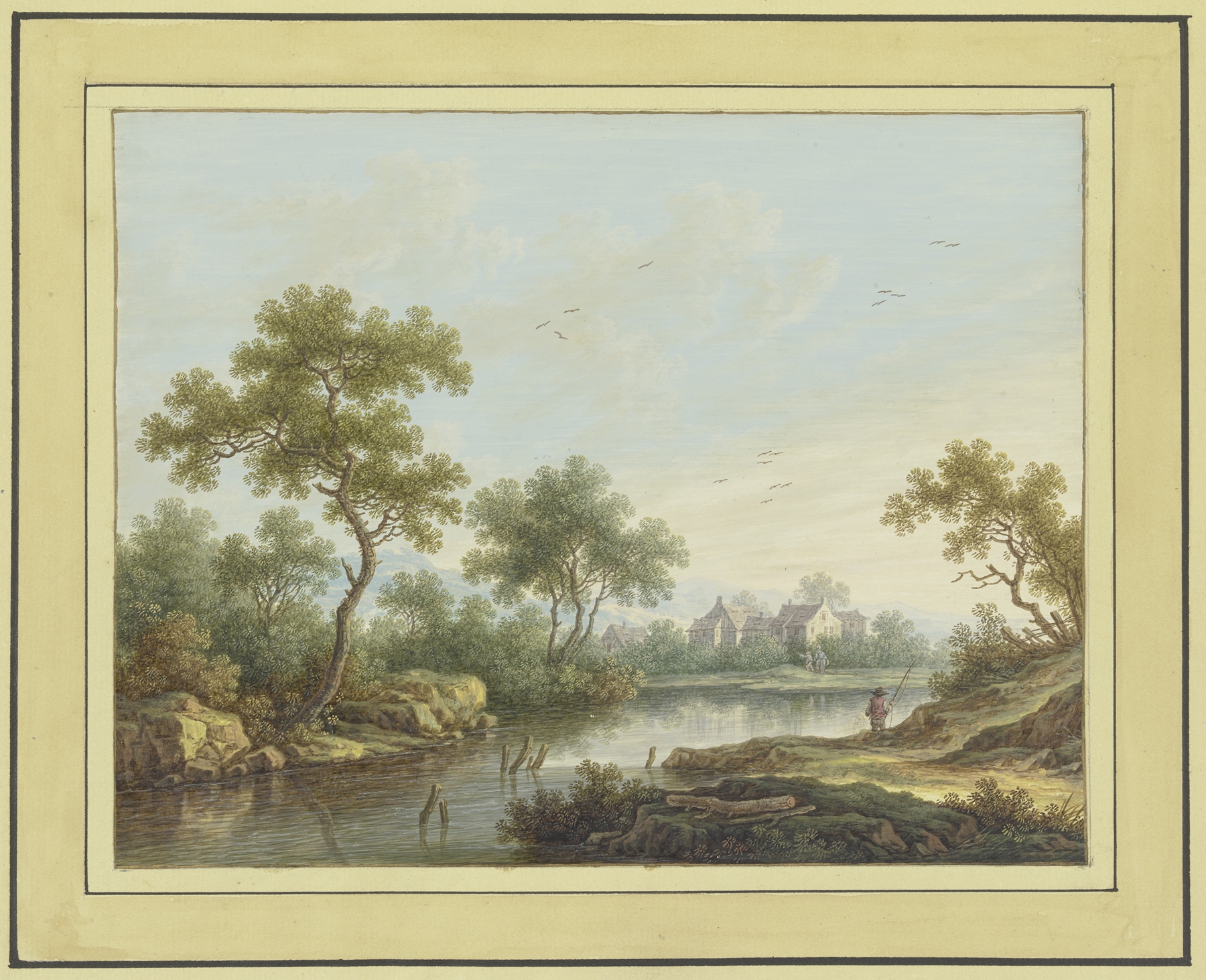 Landscape with a river and a fisherman, oil painting by Carl Sebastian von Bemmel