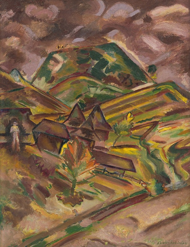 A landscape painting by Arnold Peter Weisz-Kubínčan depicting a serene natural scene.