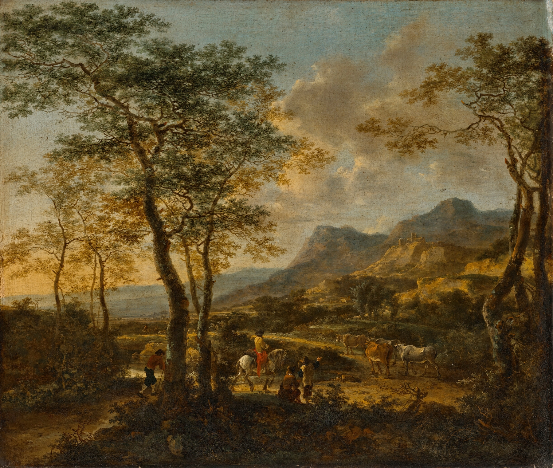 Extensive Italianate landscape with a traveler and drovers on a road, a farmhouse and a village beyond, by Jan Both, public domain