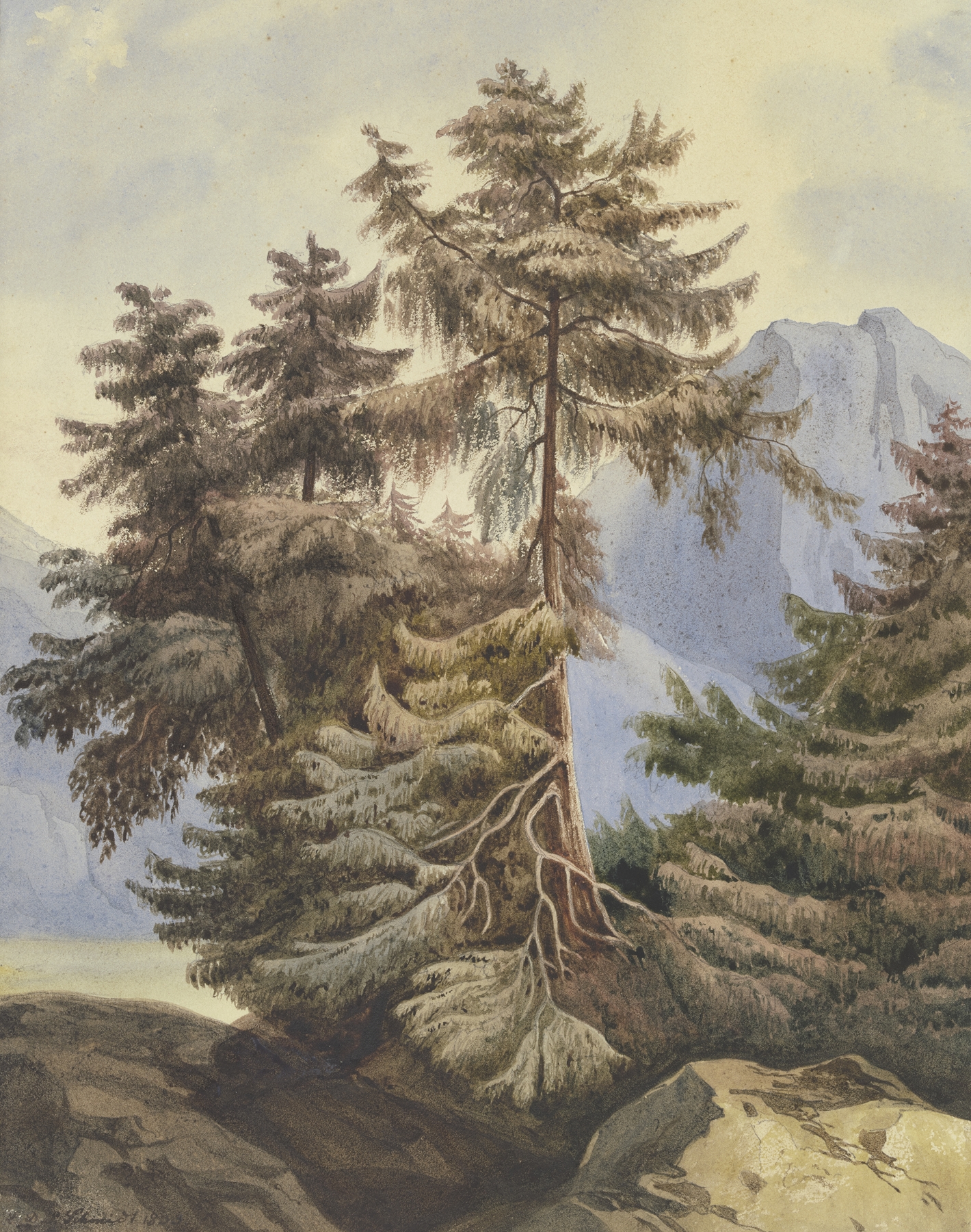 Three fir trees in the mountains, oil painting by Ludwig Daniel Philipp Schmidt