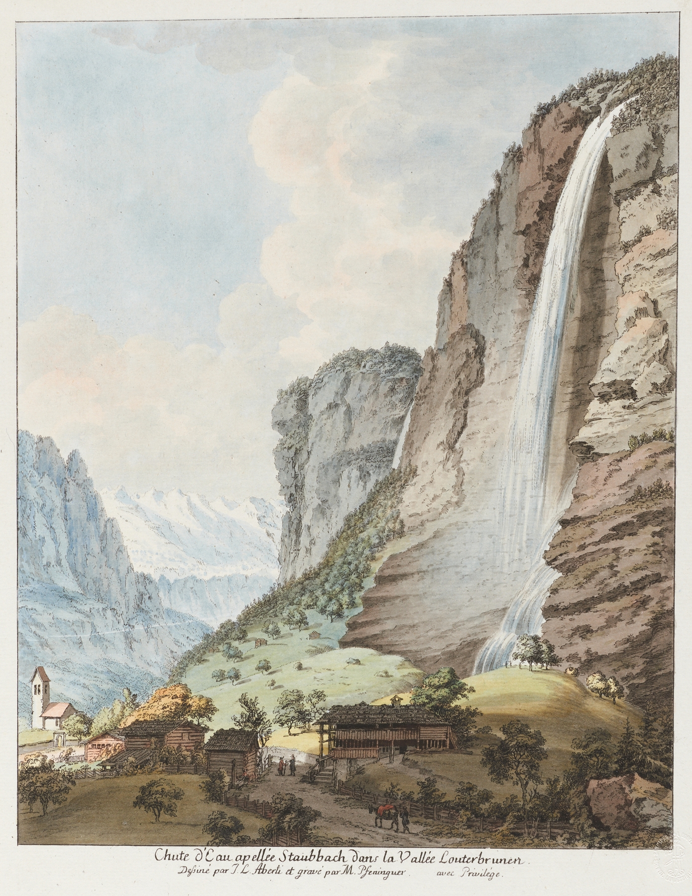 waterfall in a Swiss landscape, oil painting by Johann Ludwig Aberli