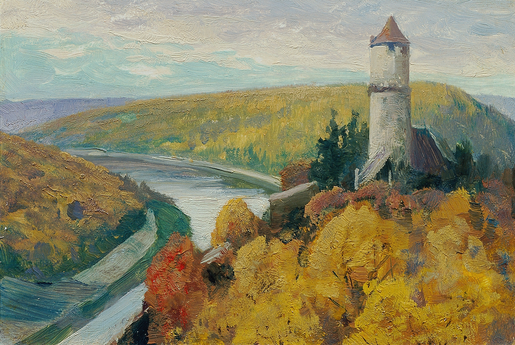 Moldau by Ferdinand Engelmüller, an impressionist landscape depicting a river with reflections and light.
