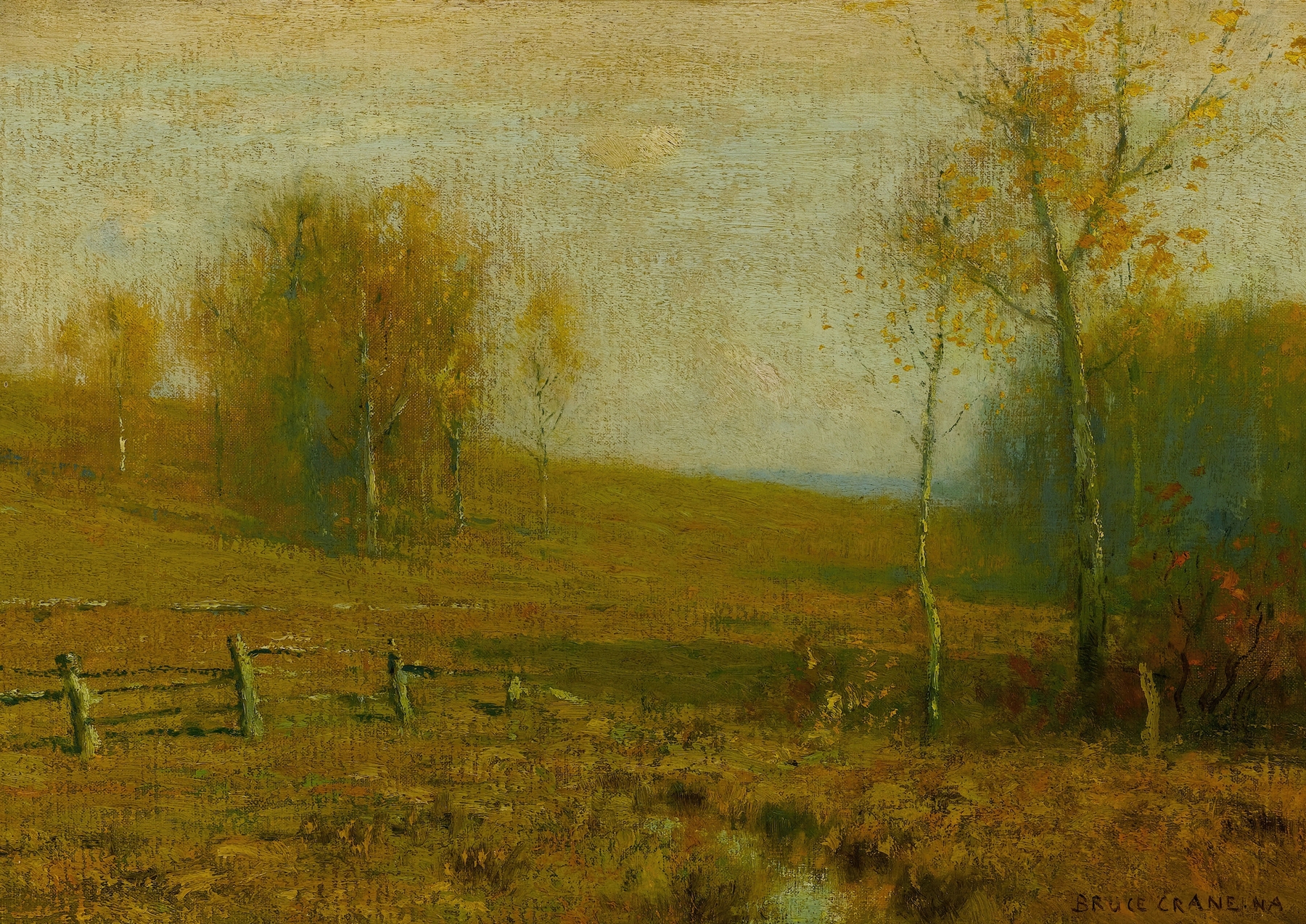 Late Autumn by Bruce Crane, oil on canvas depicting an autumn landscape with sunlight and trees.