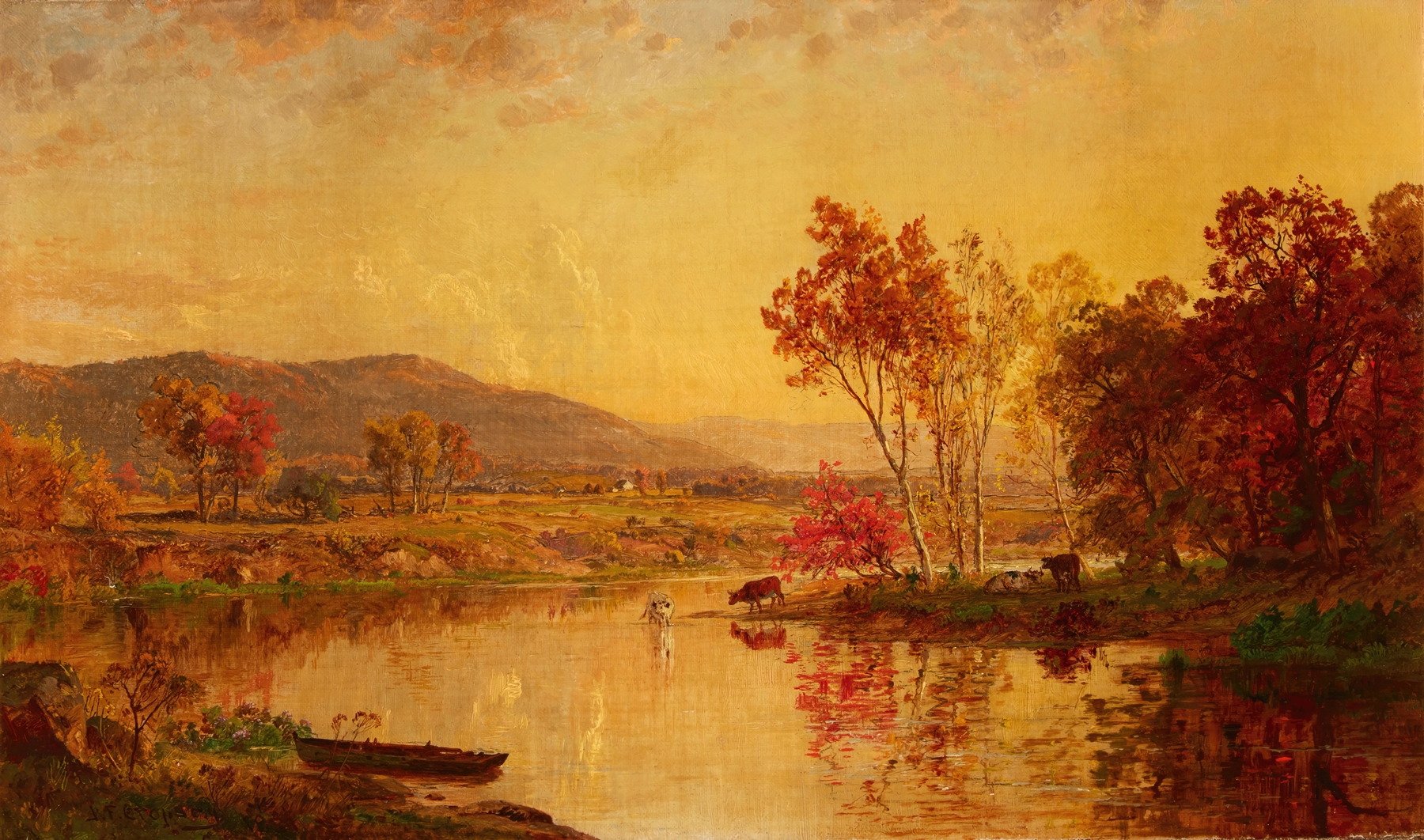 An Autumn Landscape with Cattle Watering at a River, oil on canvas by Jasper Francis Cropsey