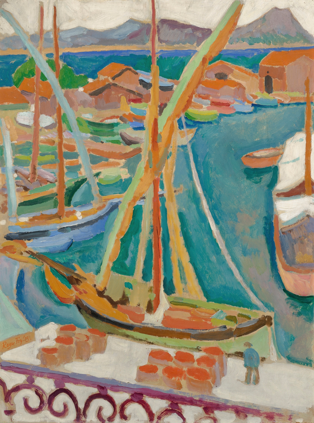 The Quay, St Tropez by Roger Fry, oil on canvas depicting boats in a harbor