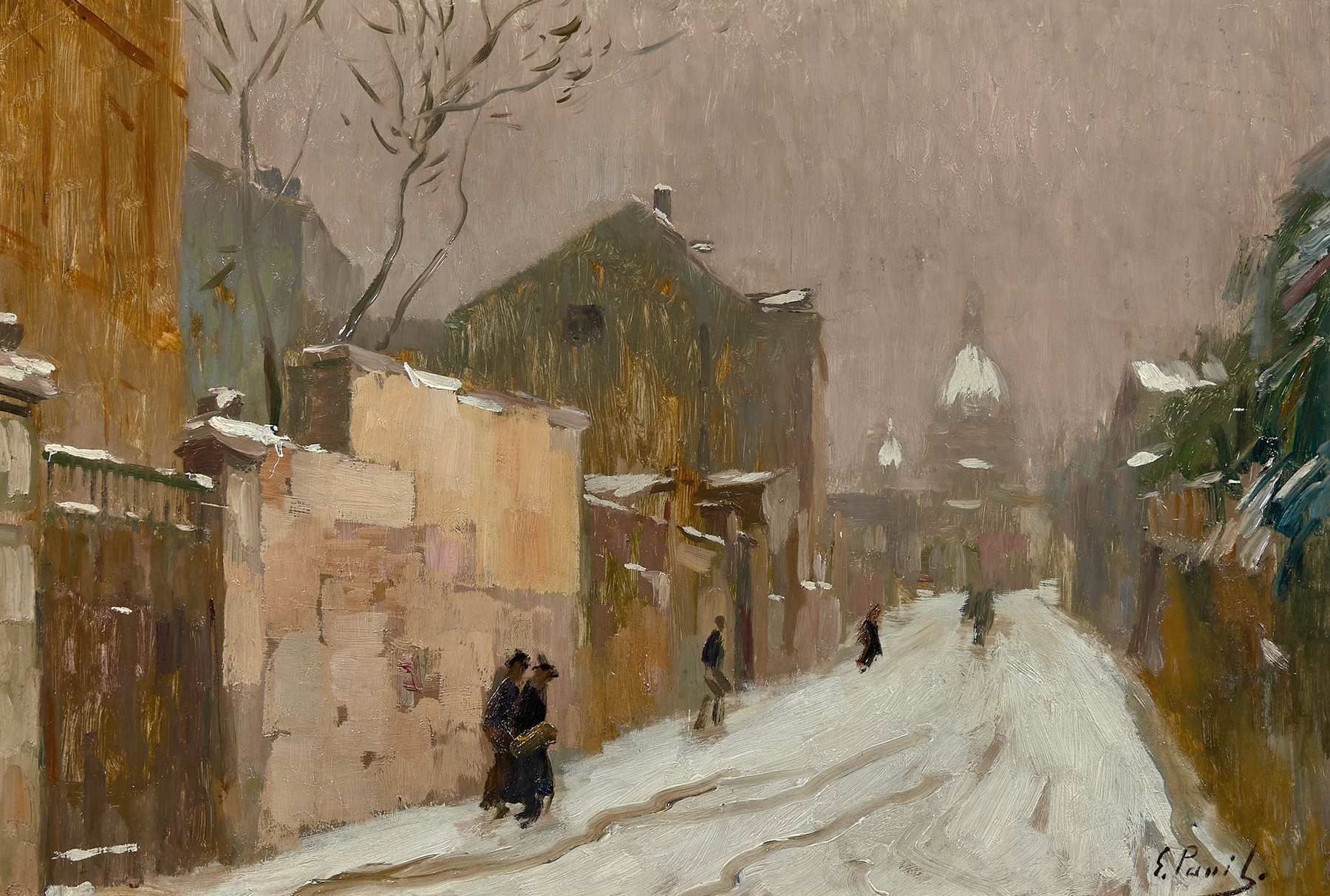 Montmatre en hiver by Elie Anatole Pavil, oil on canvas depicting figures in a snowy landscape.