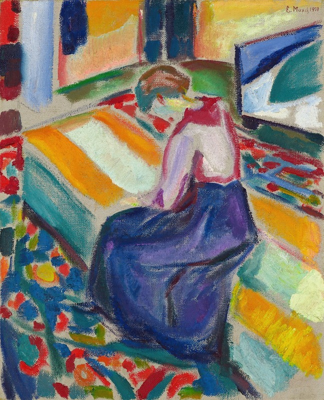A woman sits on a couch, captured in Edvard Munch's expressive style.