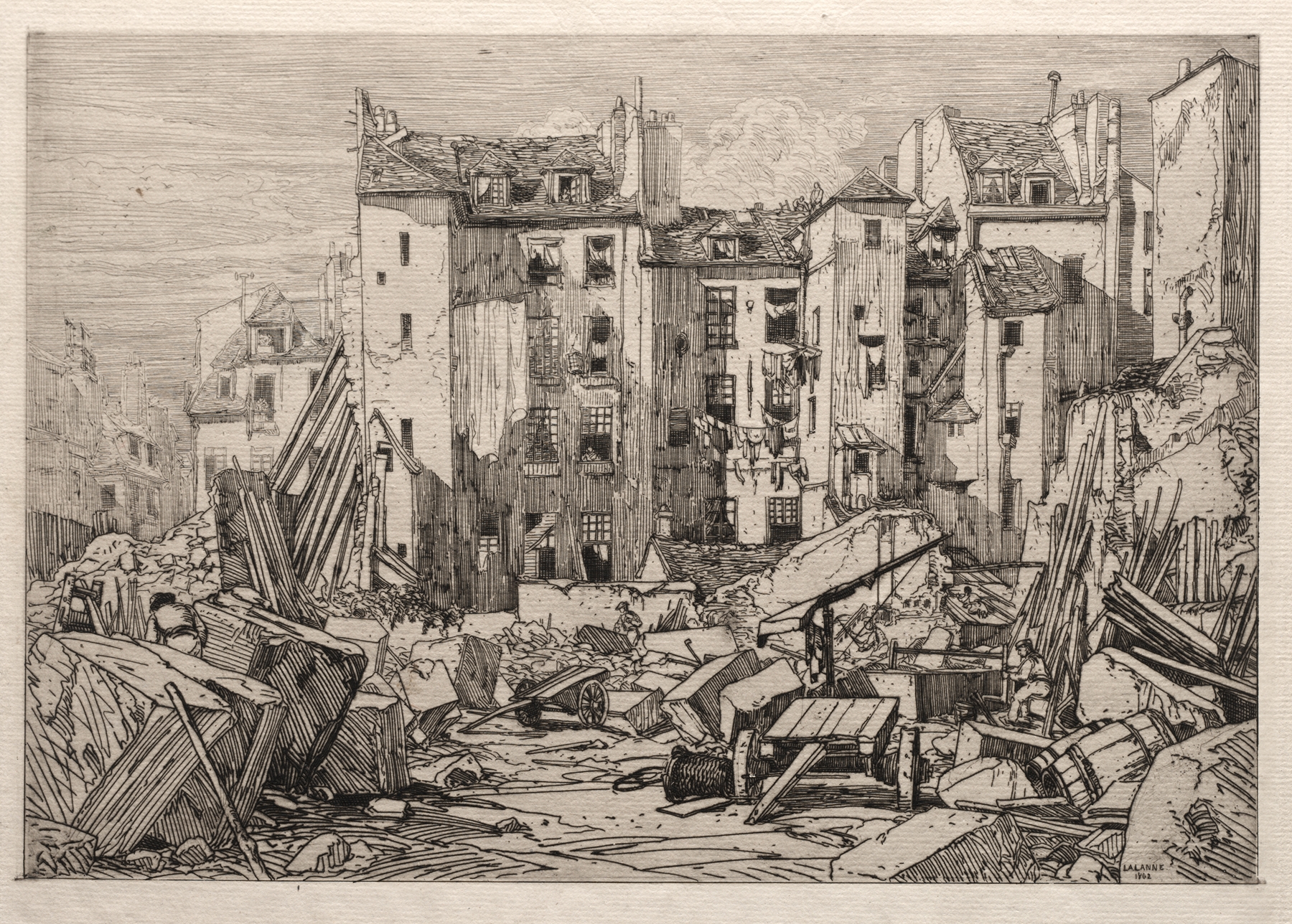 Engraving by Maxime Lalanne depicting the demolition of old houses in Paris