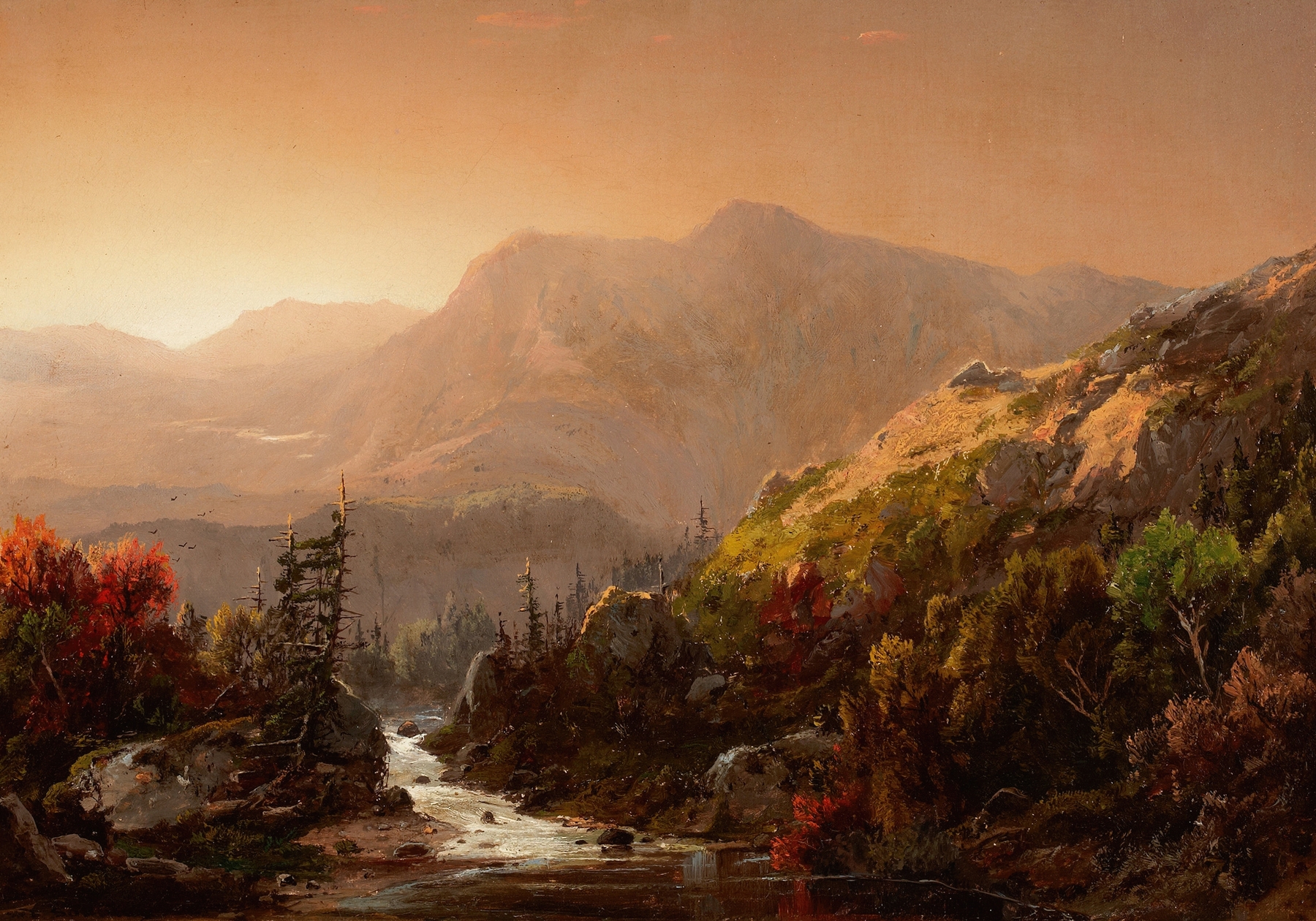 Autumn landscape oil painting by William Louis Sonntag featuring hills and a colorful sky.