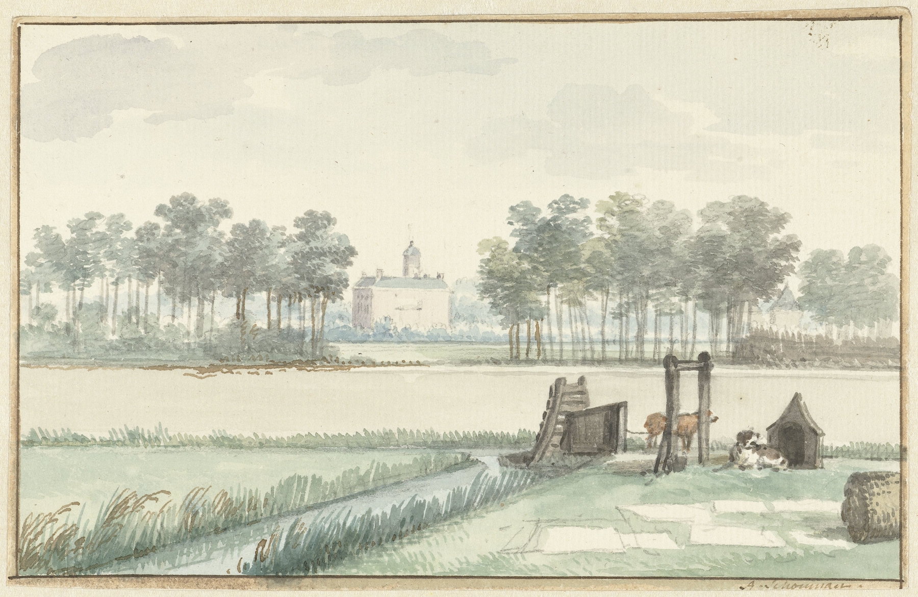 Oil painting by Aert Schouman depicting Het kasteel Ter Hooge on rolling hills.