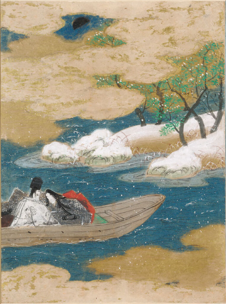 Ukiyo-e by Tosa Mitsunobu depicting a boat on tranquil water, gold medium