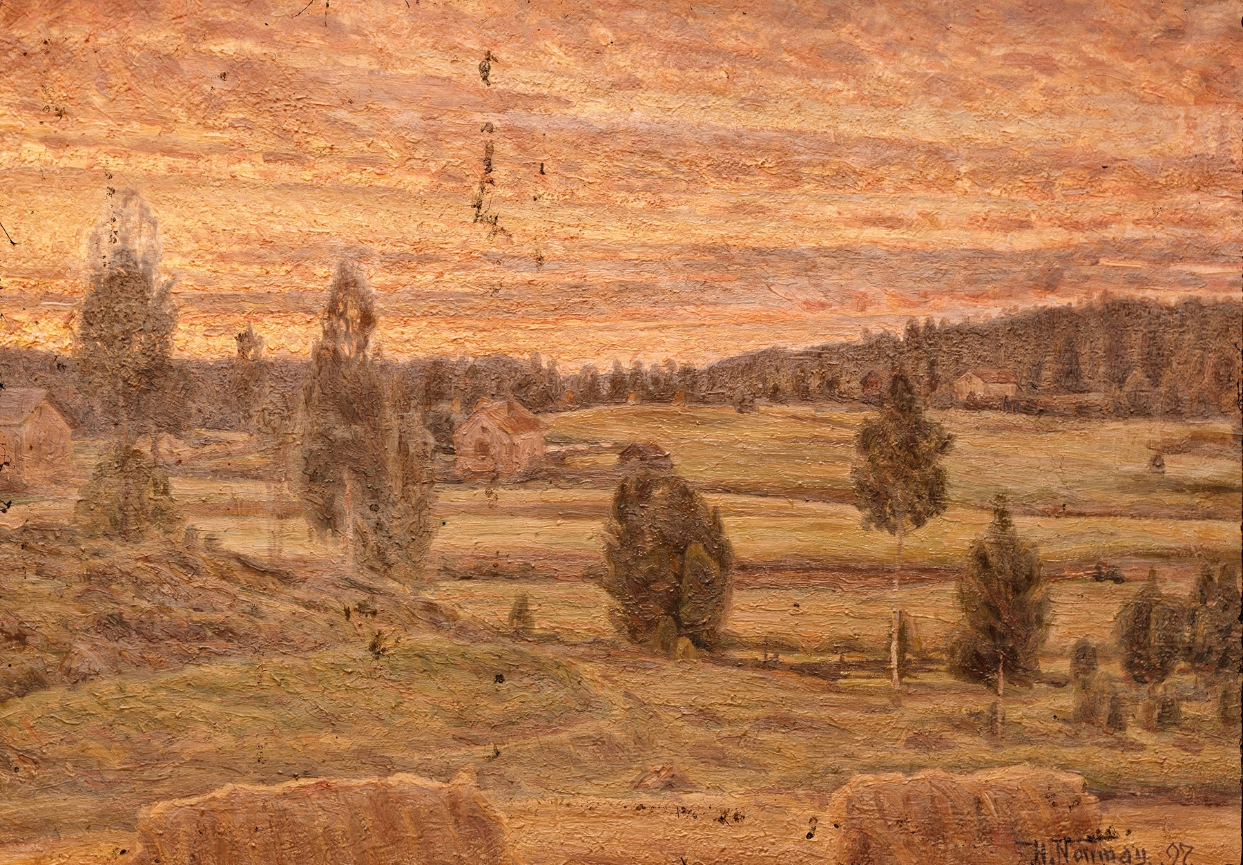 Evening Landscape by Herman Norrman, oil painting featuring a tree silhouetted against a twilight sky.