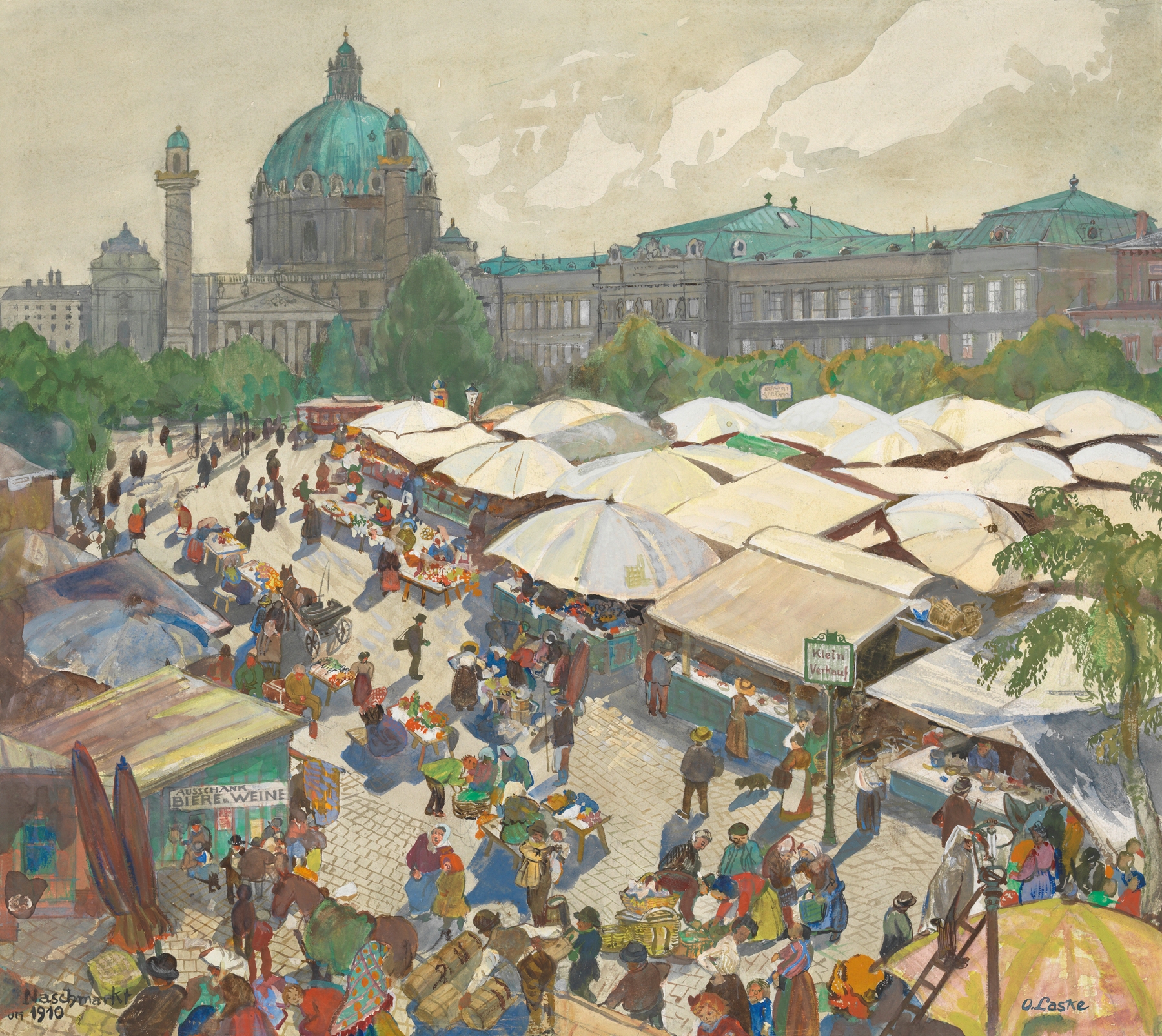 Genre scene depicting a market with the Karlskirche by Oskar Laske, oil painting