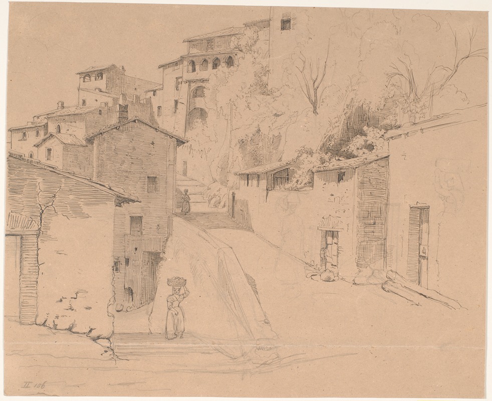 A landscape painting depicting a serene view of Via Piave with architectural elements.