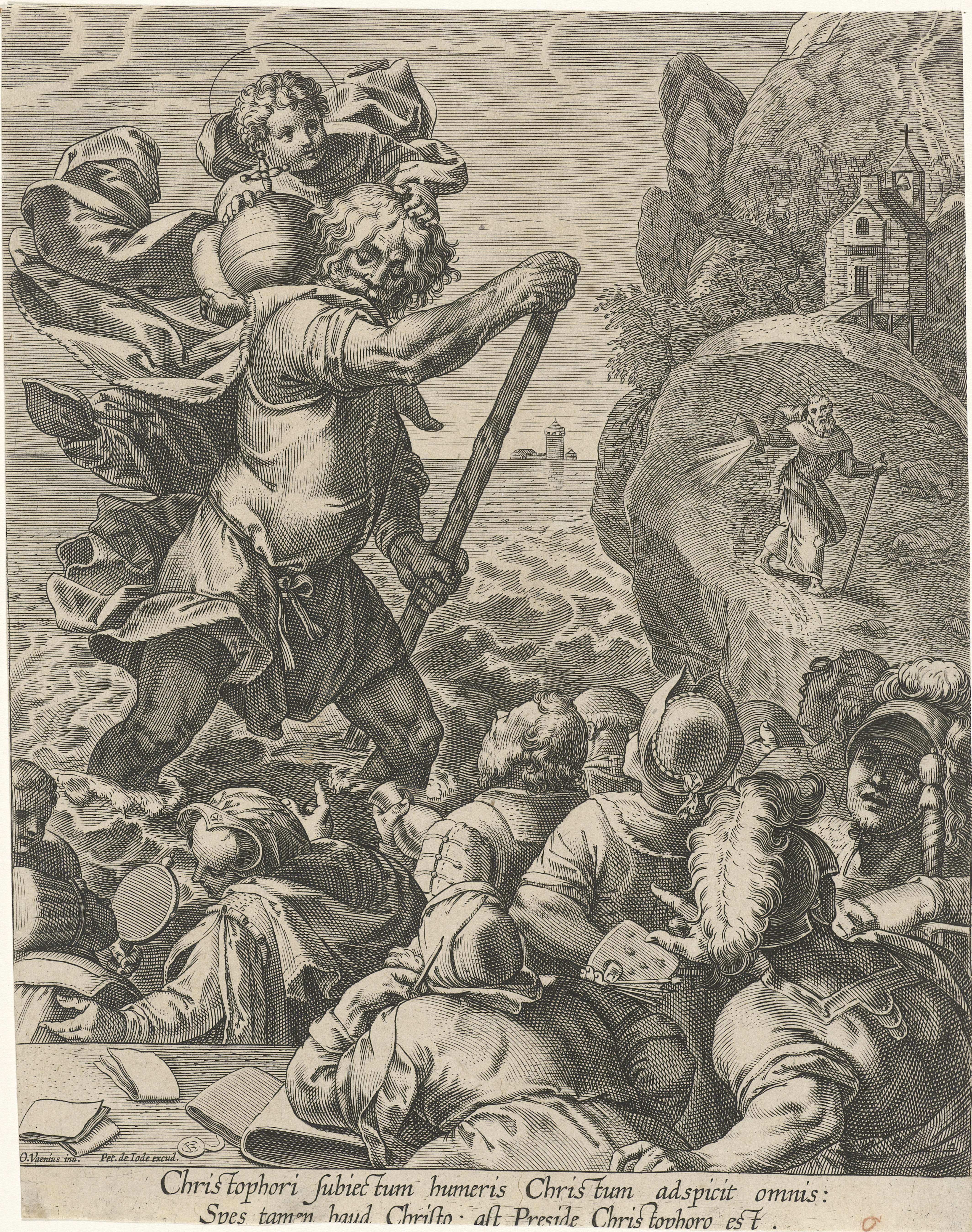 Saint Christopher and spectators in an engraving by Pieter de Jode