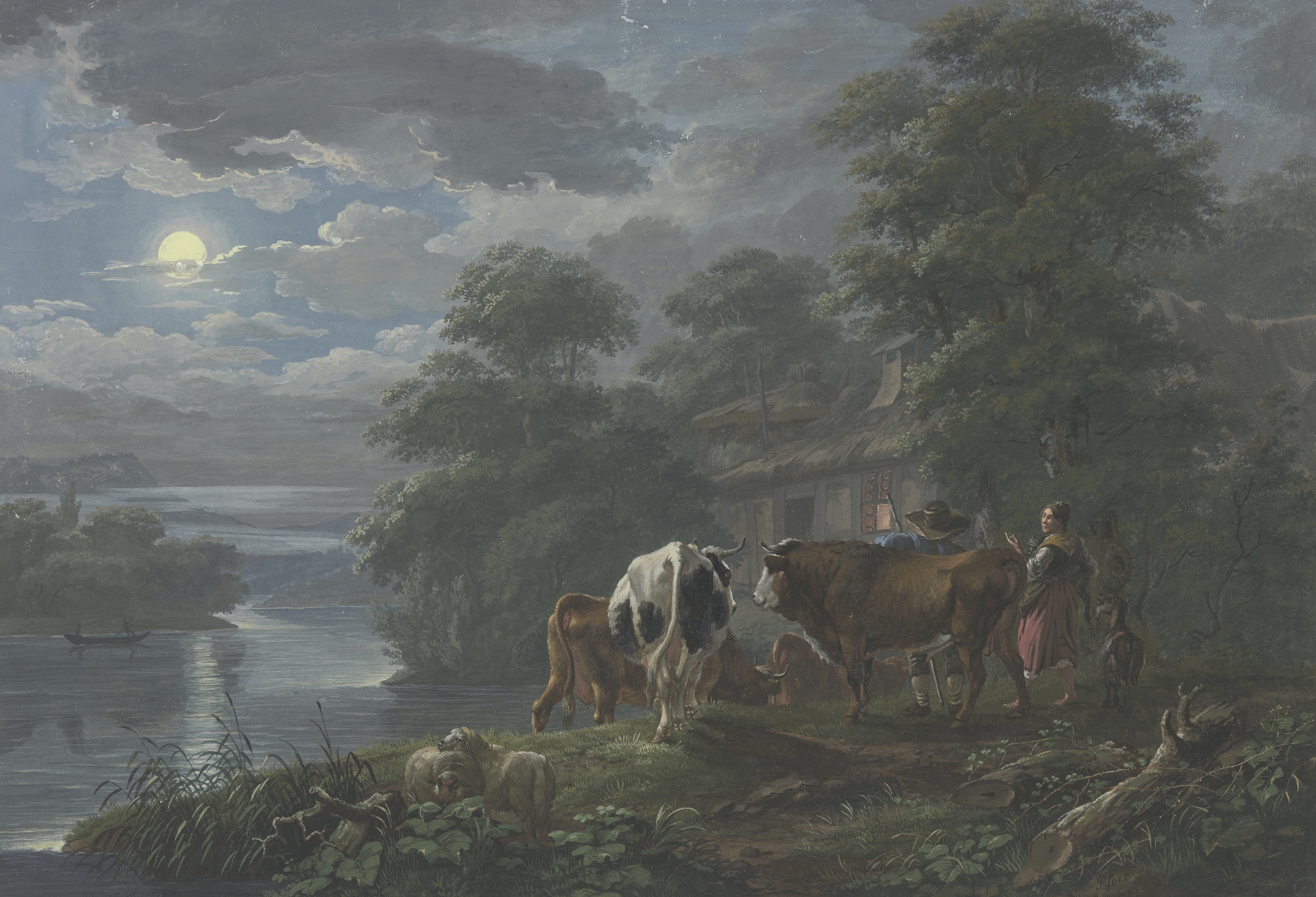Oil painting by Johann Georg Pforr depicting a shepherd and shepherdess by a river at twilight.