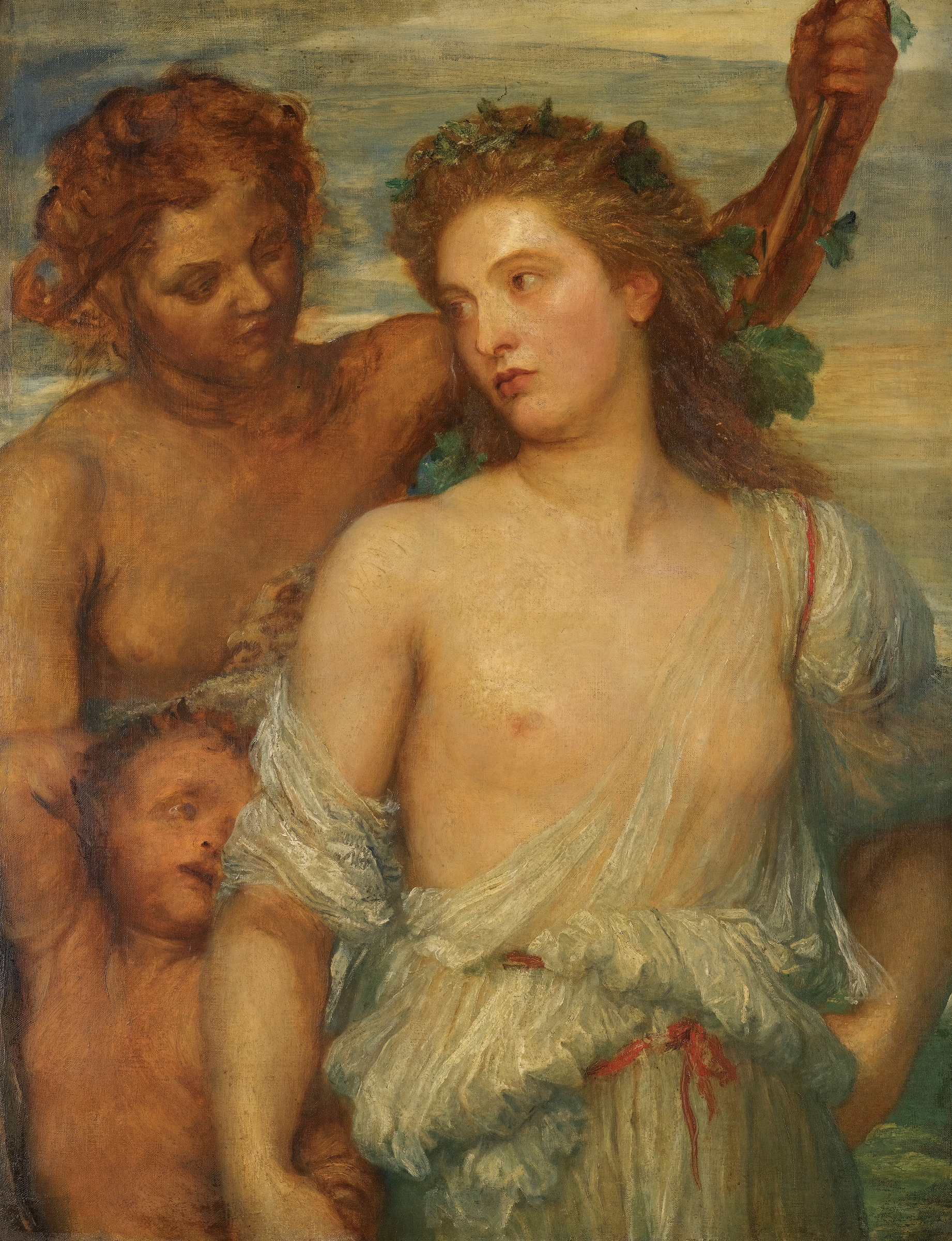 A Bacchante by George Frederic Watts, oil painting of a figure embodying revelry and nature.