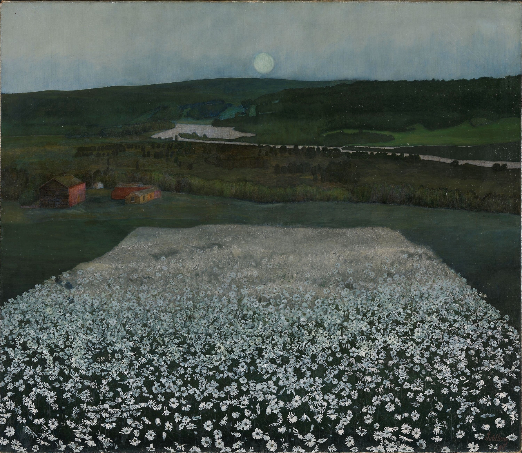 Flower Meadow in the North by Harald Sohlberg, oil on canvas depicting a vibrant meadow with flowers.