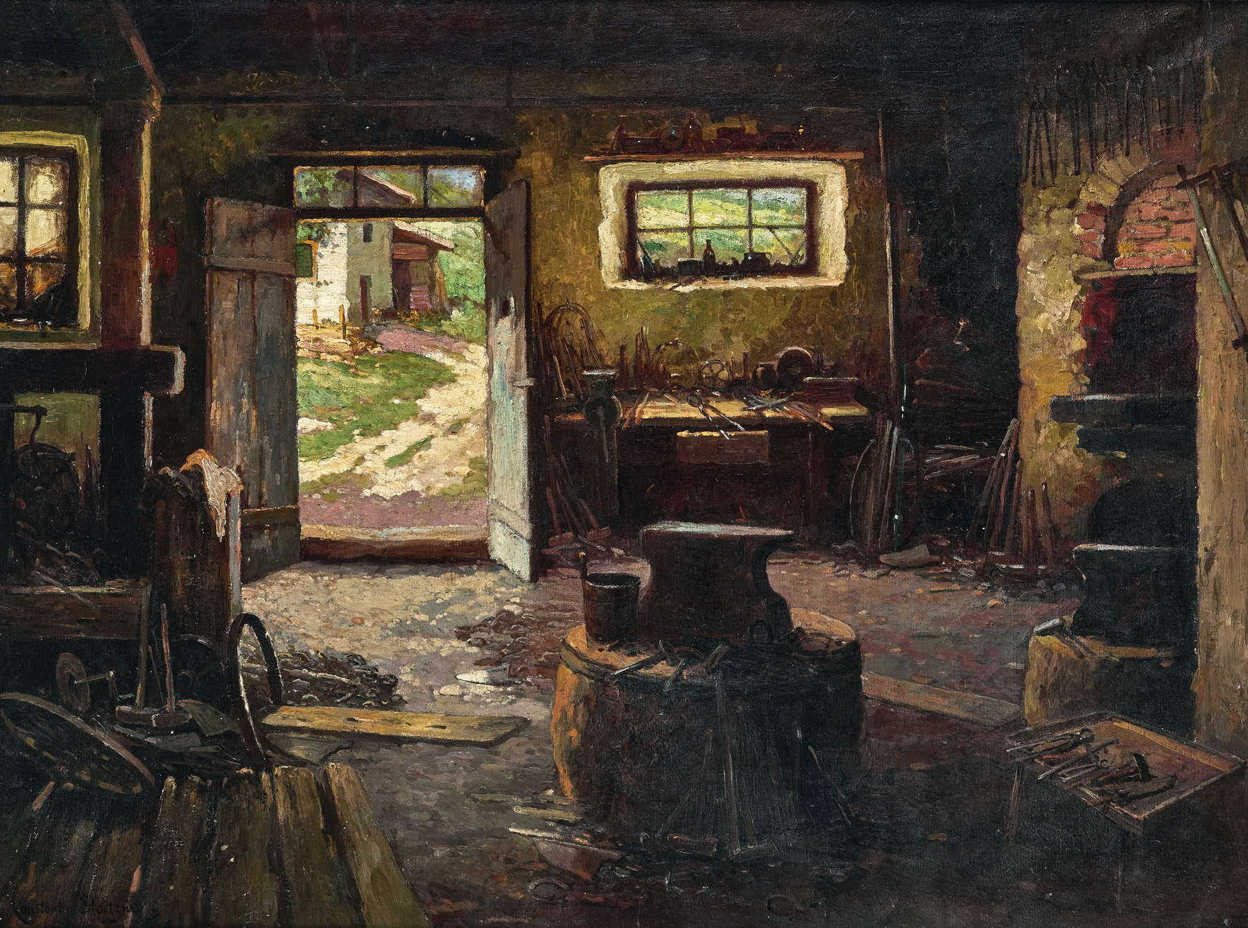 Dorfschmiede in Faistenau by Konstantin Stoitzner, oil on canvas depicting a village forge with soft light.